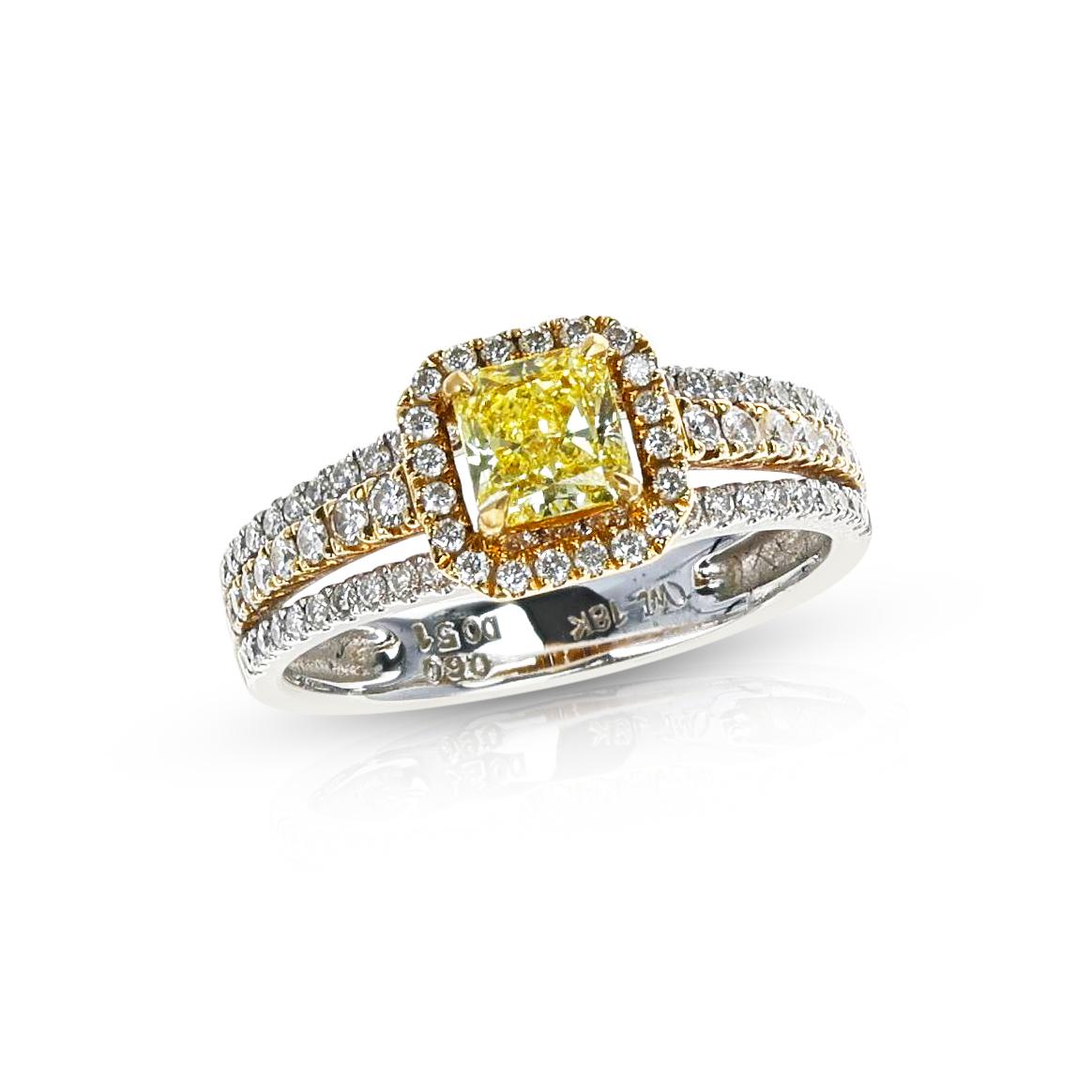 GIA Certified Fancy Intense Yellow 0.60 Ct. Square Diamond Ring In Excellent Condition For Sale In New York, NY