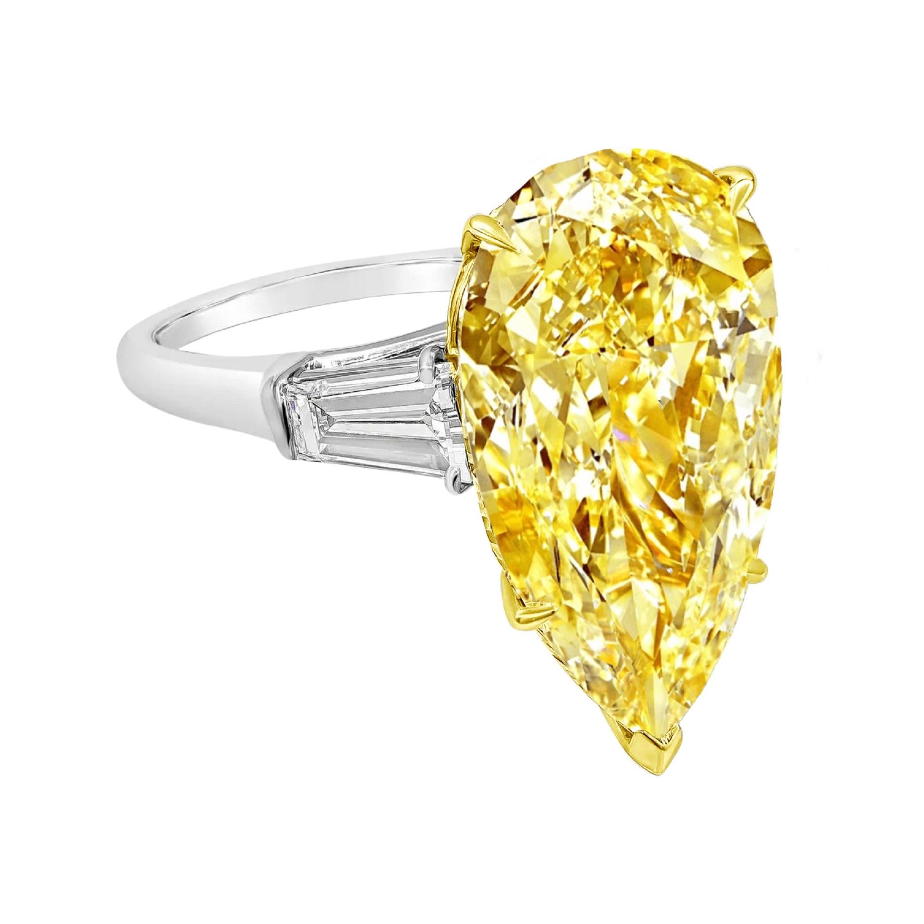 Contemporary GIA Certified Fancy Intense Yellow 11 Carat Pear Cut Diamond Ring For Sale