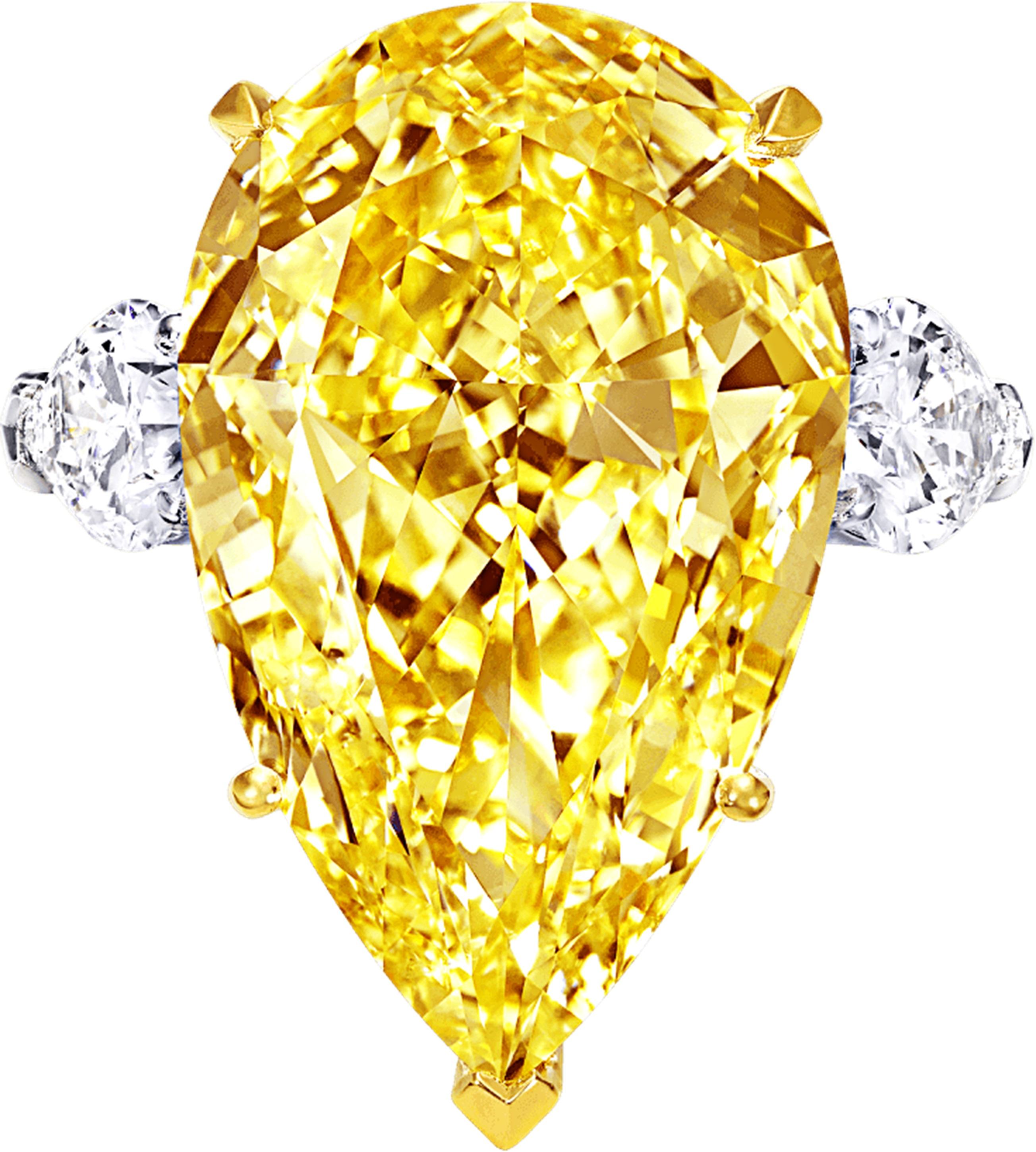 Contemporary GIA Certified Fancy Intense Yellow 11 Carat Pear Shape Three Stone Diamond Ring For Sale