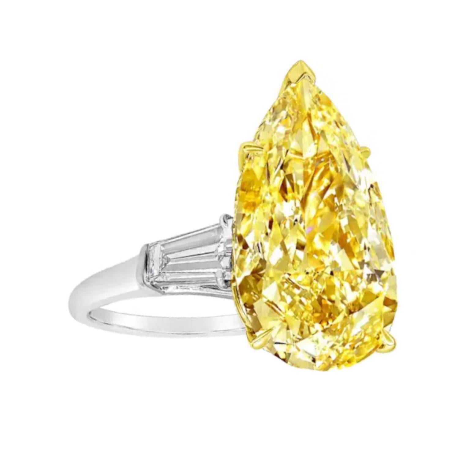 Oval Cut GIA Certified Fancy Intense Yellow 13.8 Carat Pear Cut Diamond Ring For Sale