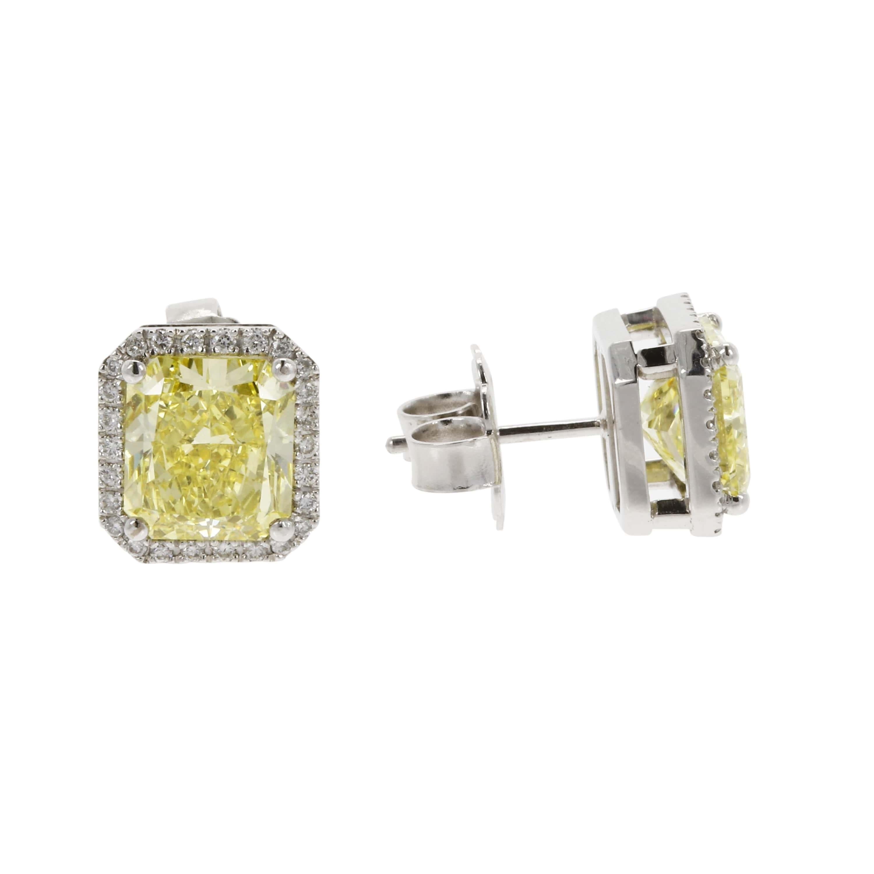 Radiant Cut GIA Certified Fancy Intense Yellow 3.52 3.41 Carat Diamond Stud Earrings For Sale