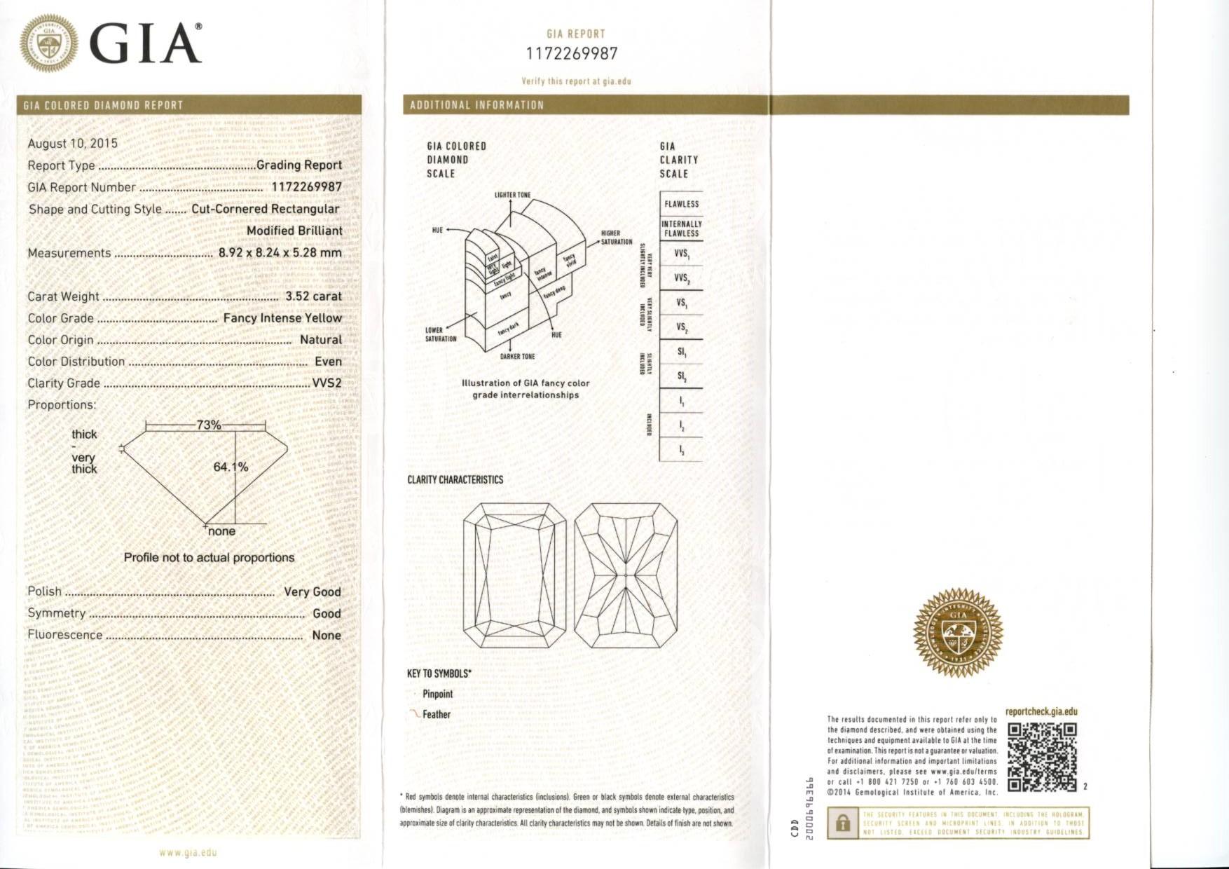 Women's or Men's GIA Certified Fancy Intense Yellow 3.52 3.41 Carat Diamond Stud Earrings For Sale