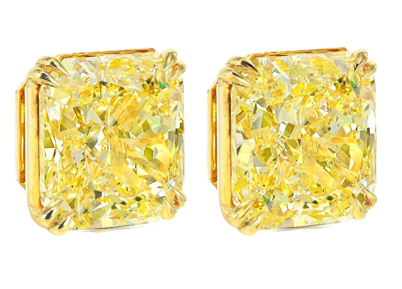Contemporary GIA Certified 6 Carat Radiant Cut Diamond Studs in 18K Yellow Gold For Sale