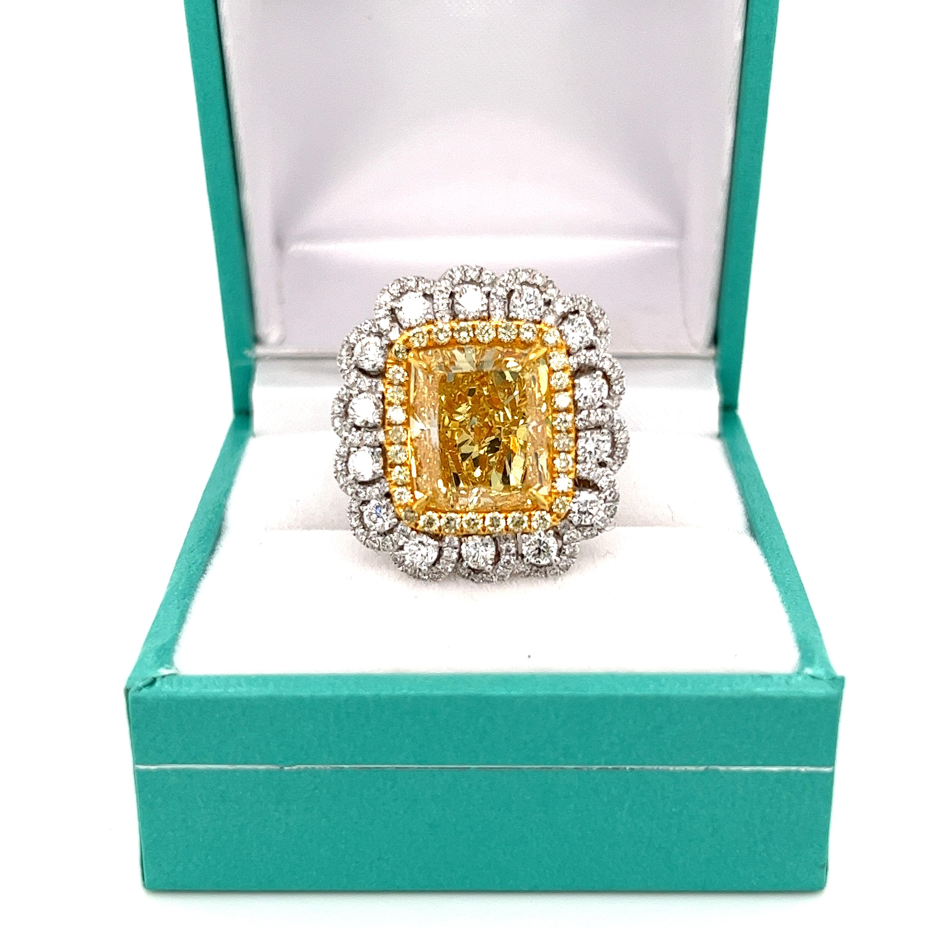 GIA Certified Fancy Intense Yellow 7 Carat Radiant Cut Diamond Ring in 18k Gold For Sale 1