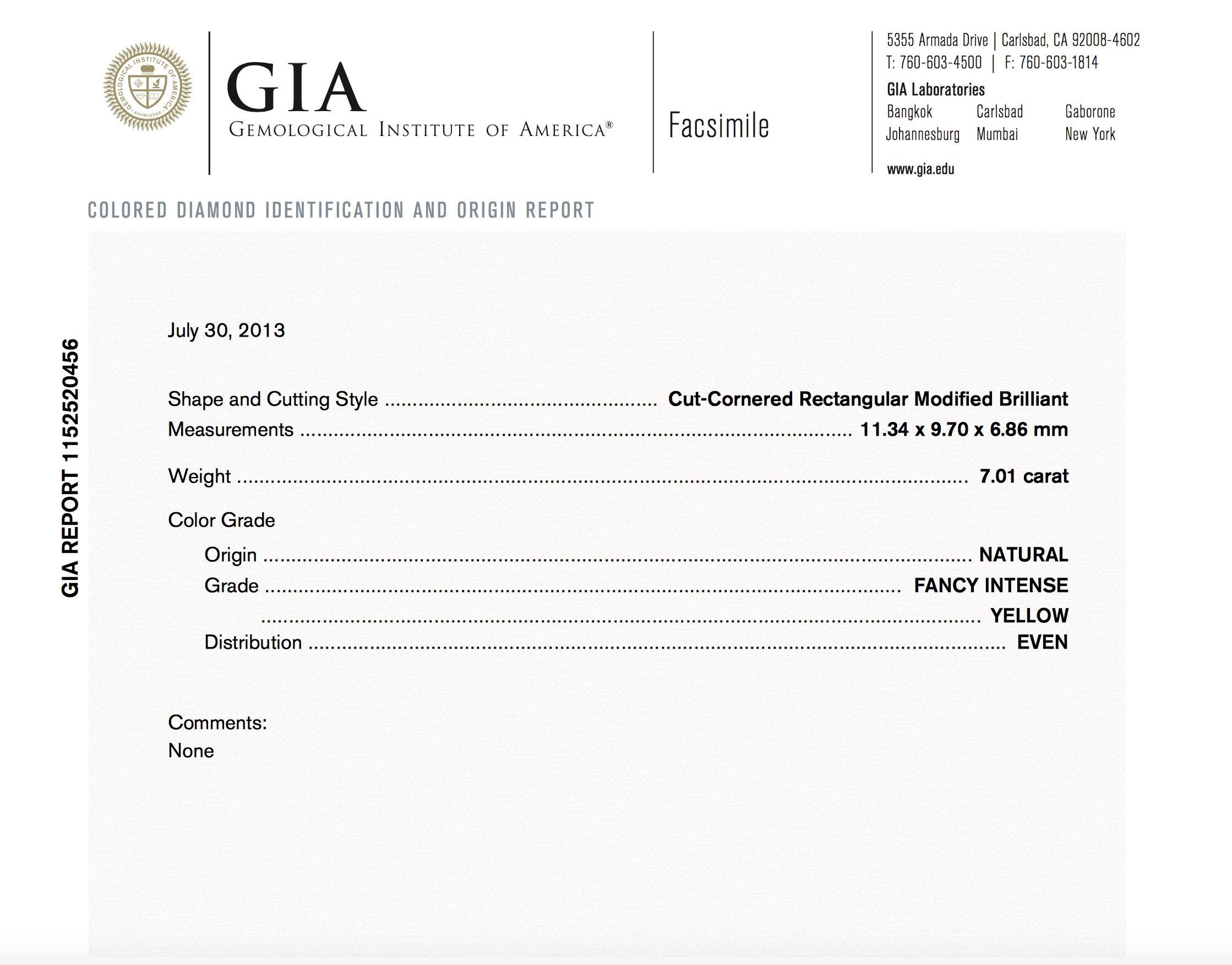 GIA Certified Fancy Intense Yellow 7 Carat Radiant Cut Diamond Ring in 18k Gold For Sale 4