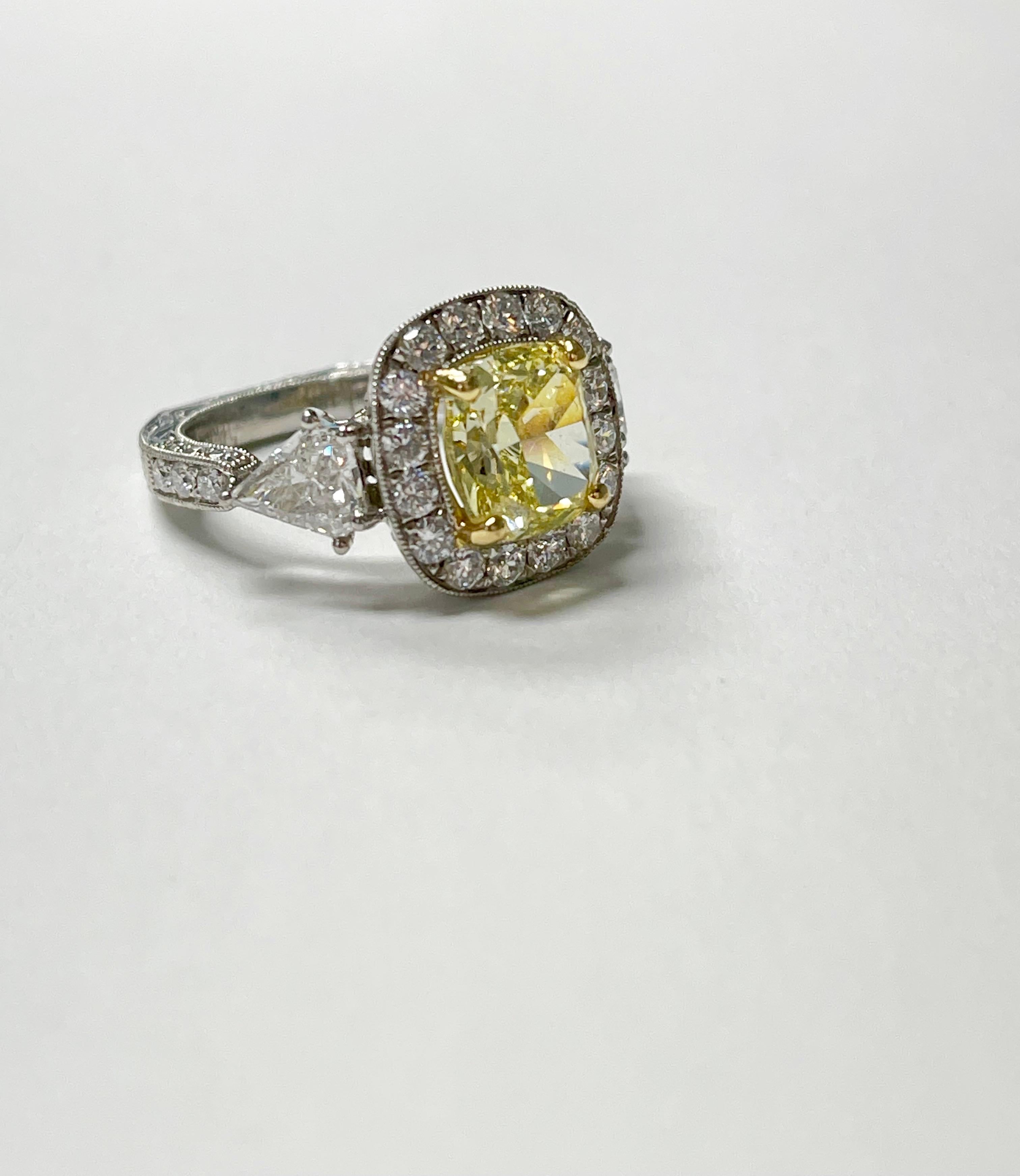 GIA Certified Fancy Intense Yellow Cushion and White Diamond Engagement Ring For Sale 4