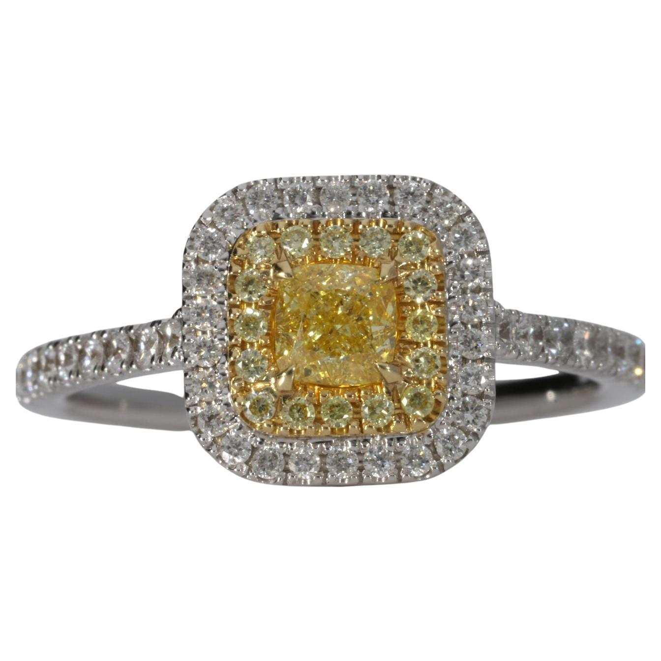 Cushion Cut GIA Certified Fancy Intense Yellow Cushion Diamond Ring For Sale