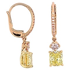 GIA Certified Fancy Intense Yellow Diamond Cushion & Pink Diamond Drop Earrings 