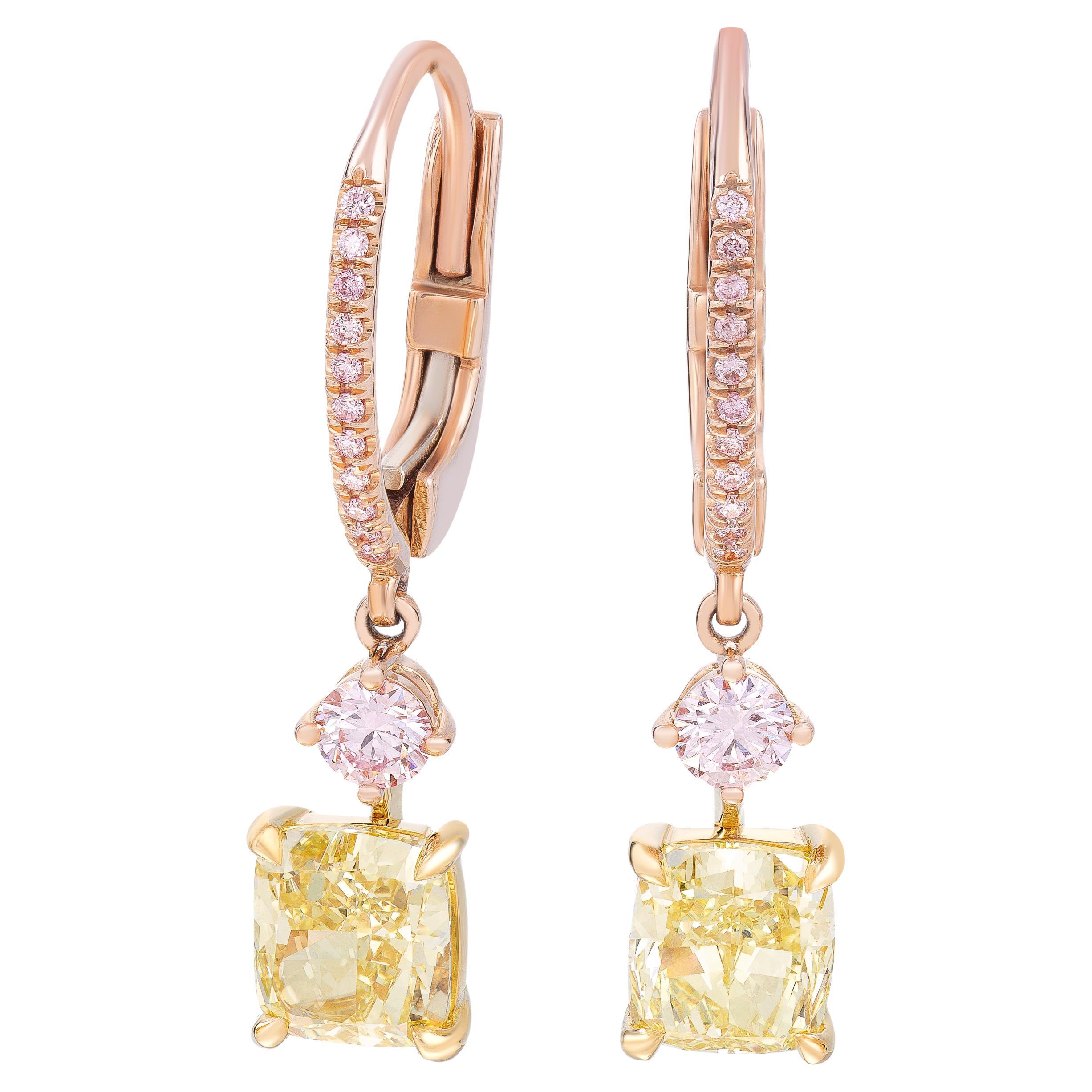 GIA Certified Fancy Intense Yellow Diamond Cushion & Argyle Pink Diamond Earring For Sale