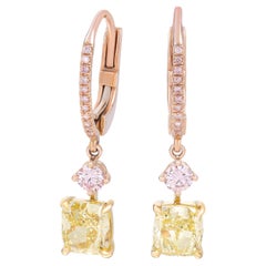 GIA Certified Fancy Intense Yellow Diamond Cushion & Argyle Pink Diamond Earring