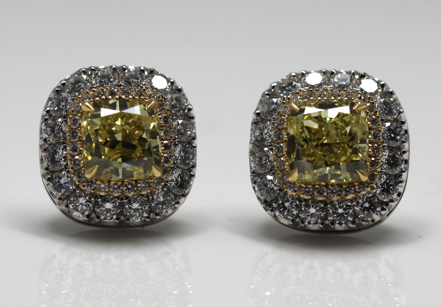 GIA Certified Fancy Intense Yellow Diamond Earrings Mounted in Platinum and Gold 4