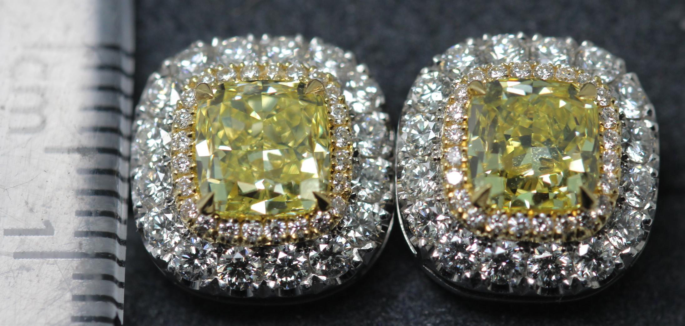 Cushion Cut GIA Certified Fancy Intense Yellow Diamond Earrings Mounted in Platinum and Gold