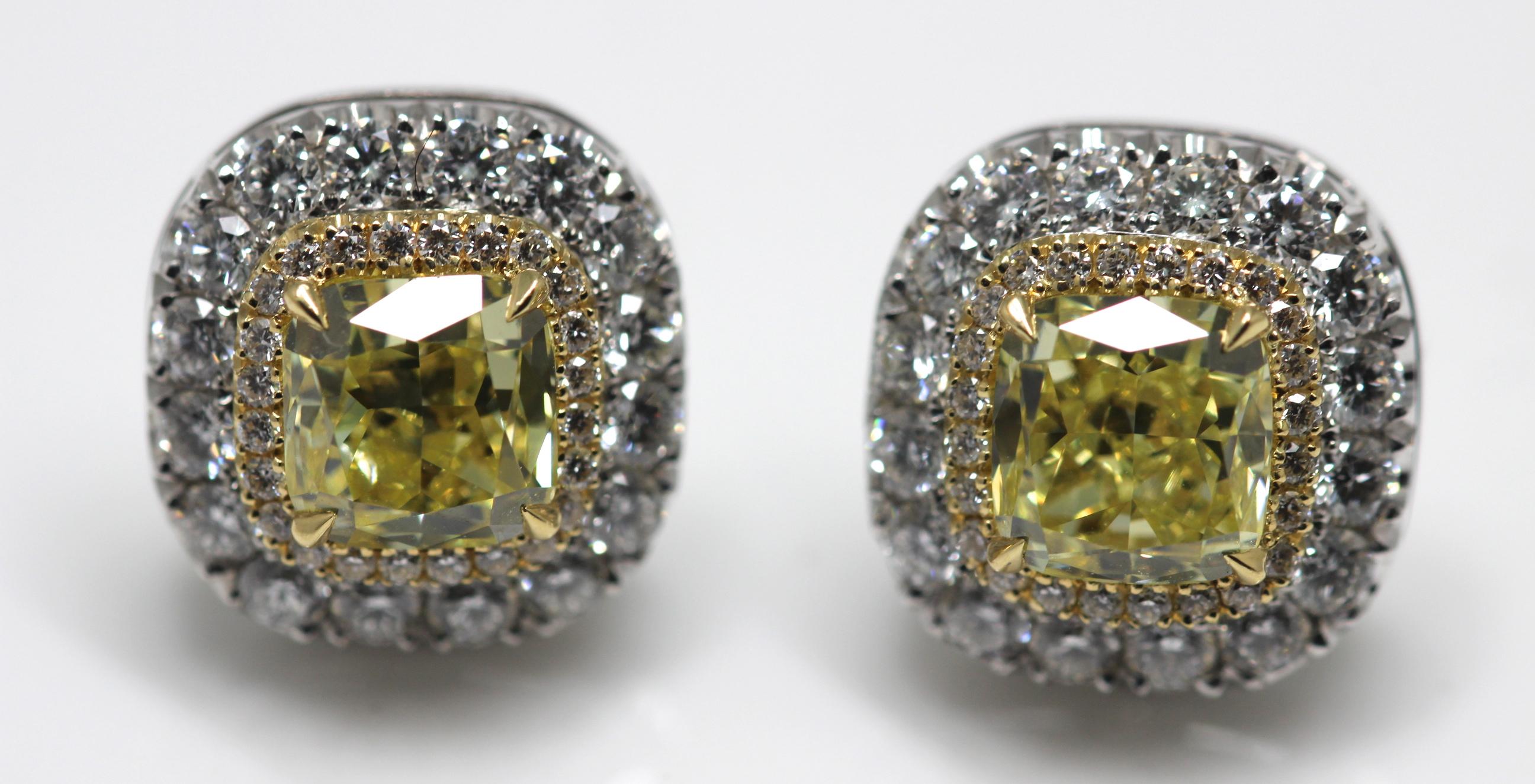 GIA Certified Fancy Intense Yellow Diamond Earrings Mounted in Platinum and Gold 1