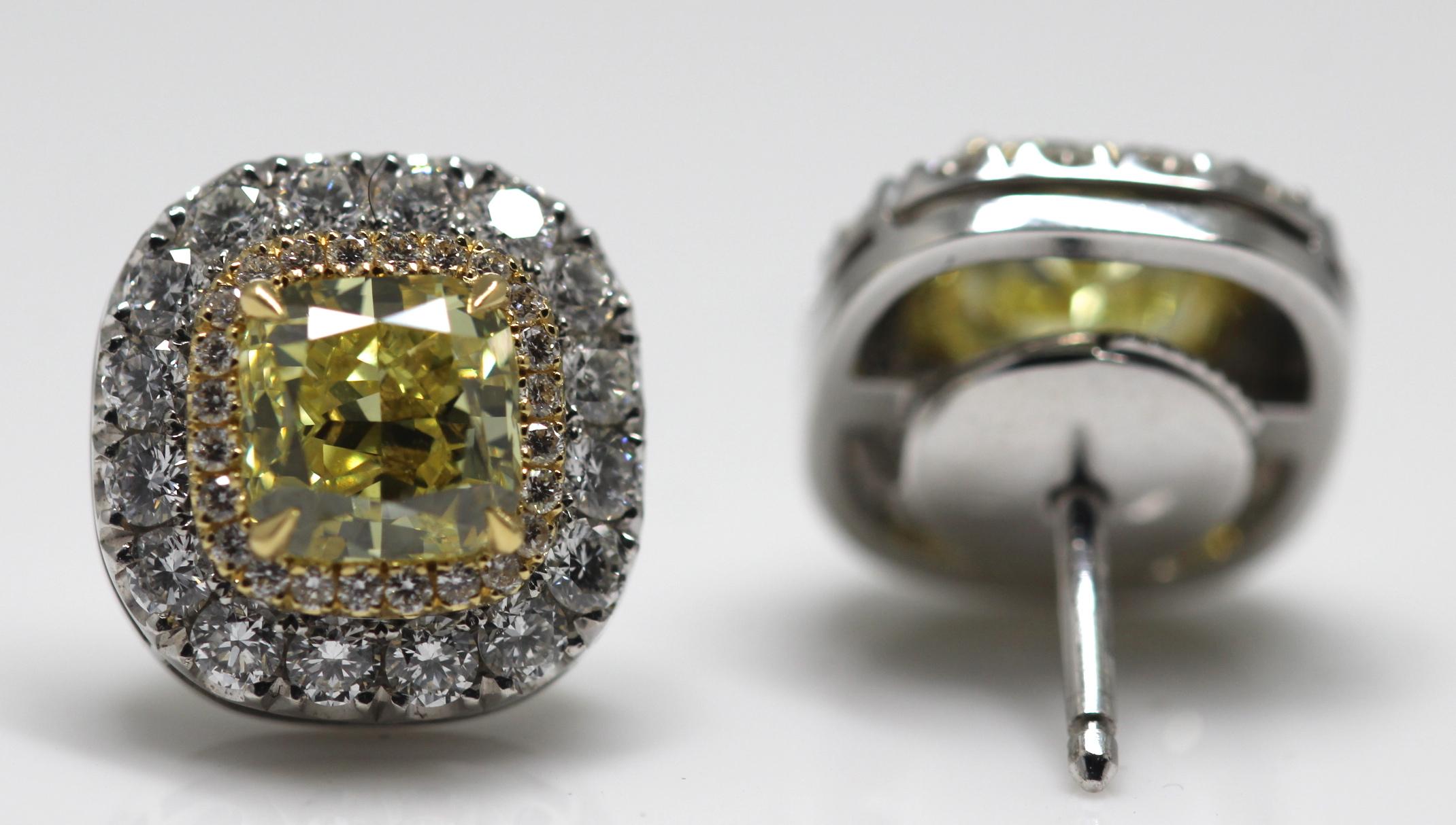 GIA Certified Fancy Intense Yellow Diamond Earrings Mounted in Platinum and Gold 2