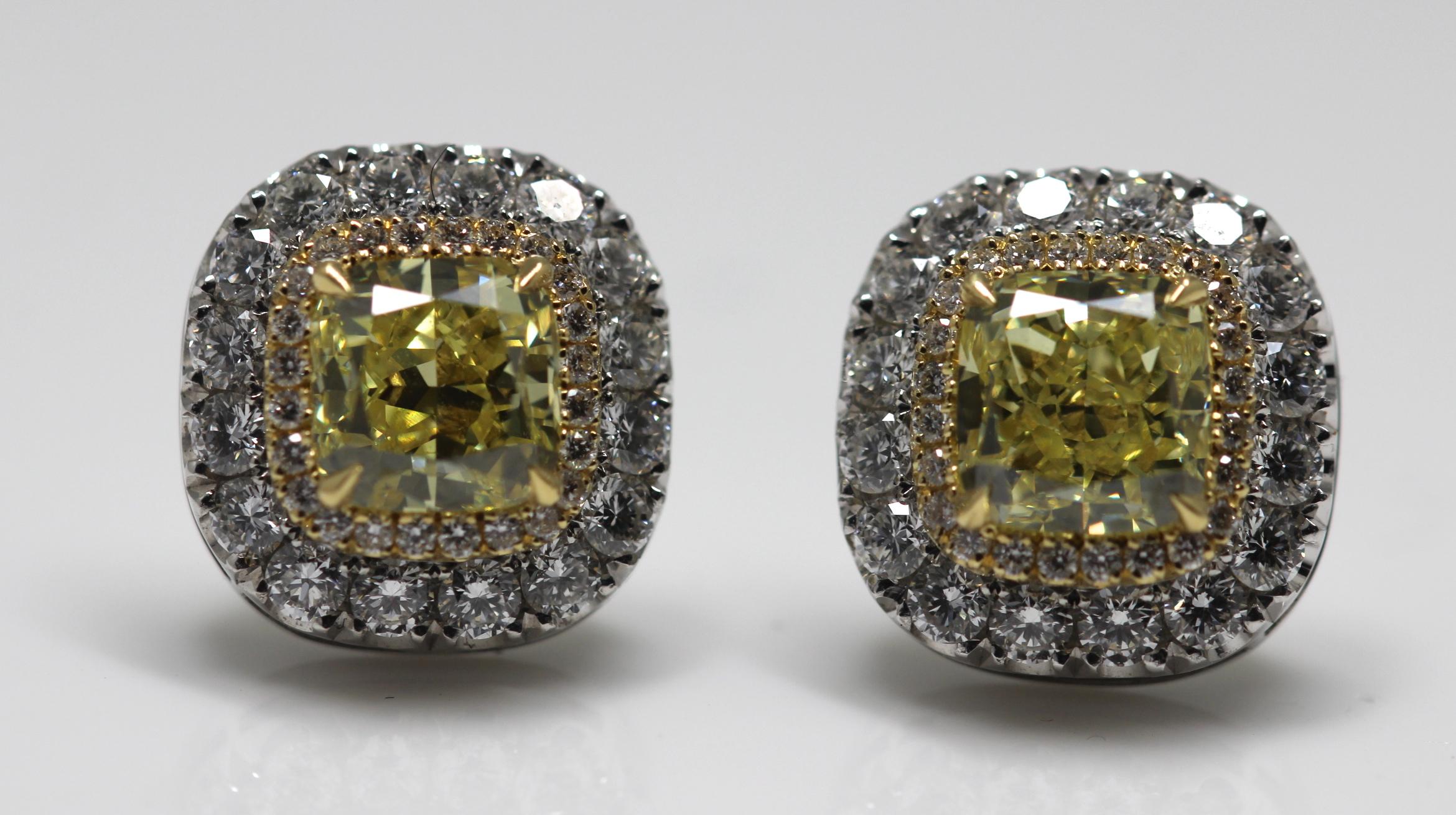 GIA Certified Fancy Intense Yellow Diamond Earrings Mounted in Platinum and Gold 3