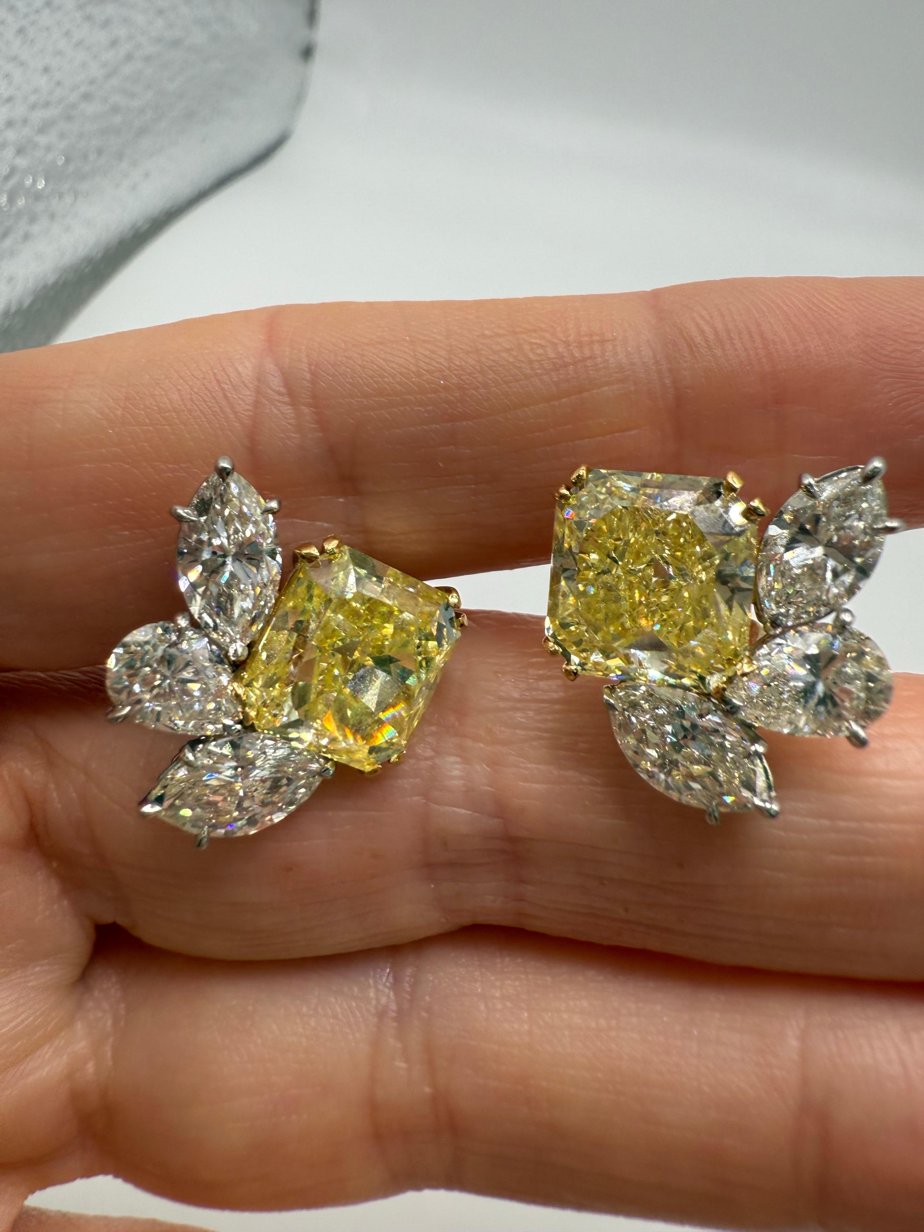Radiant Cut GIA certified Fancy Intense Yellow Diamond earrings VVS 12.18 carats For Sale