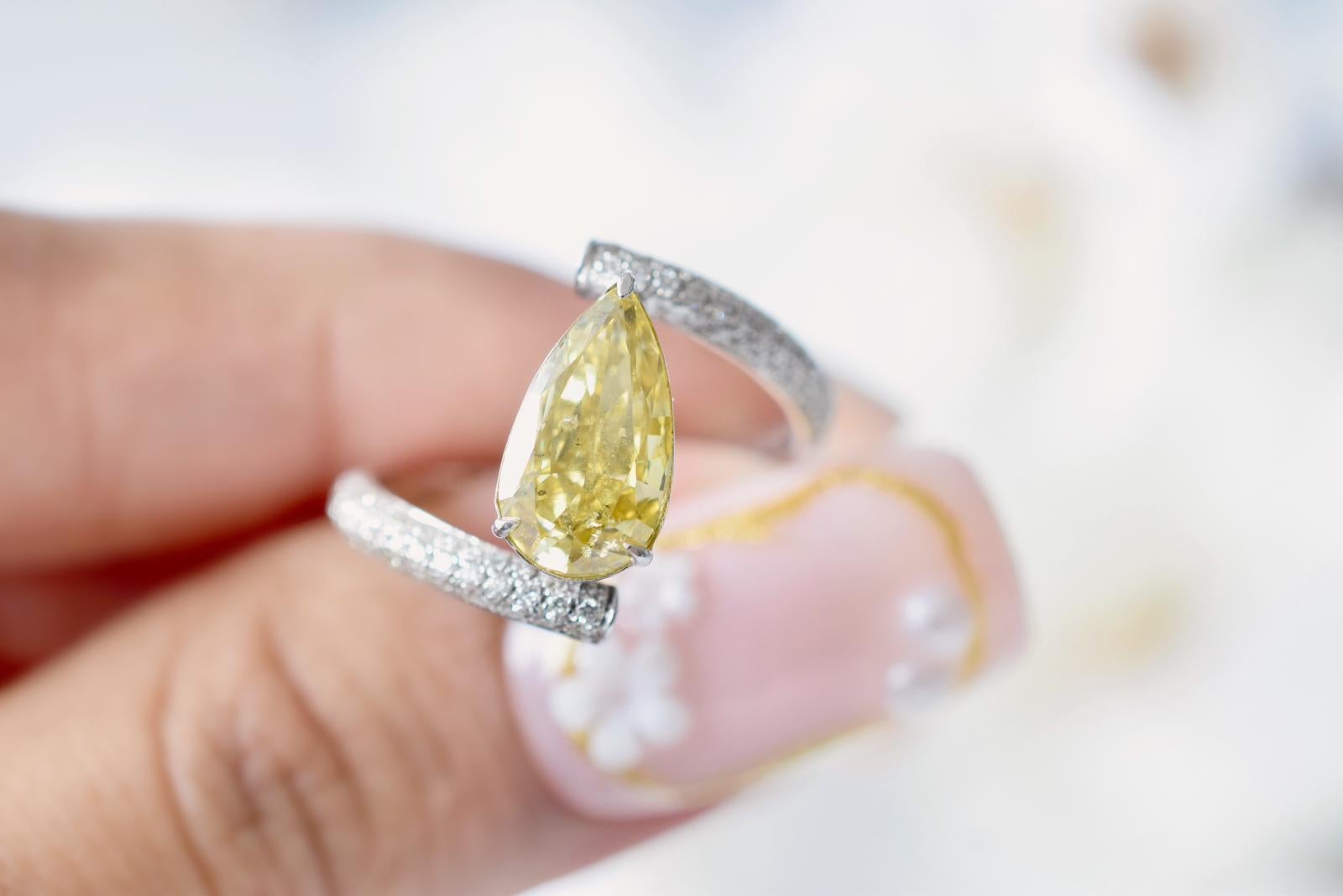 Pear Cut GIA Certified Fancy Intense Yellow Diamond Ring 2.01 Carat I1 Pear Shape Ring For Sale