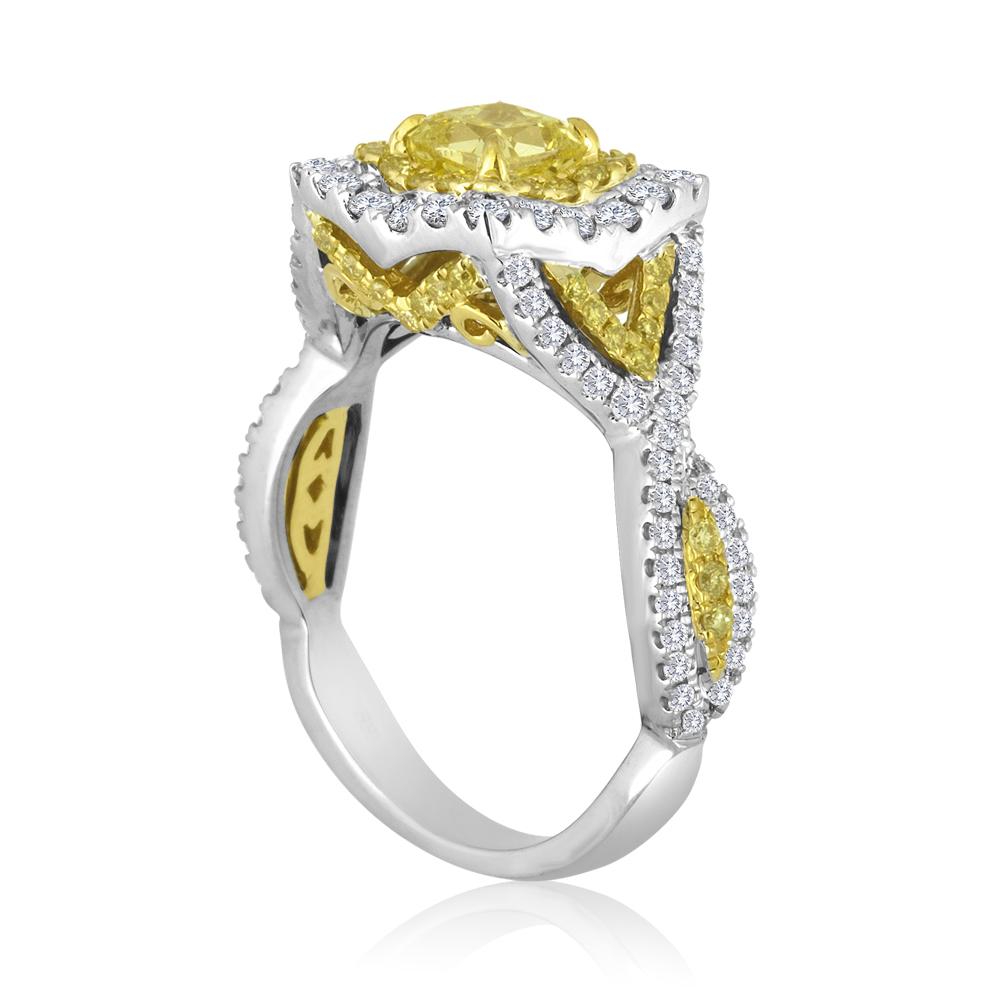 GIA Certified Stunning Natural Fancy Intense Yellow 0.75 Carat SI1 Clarity Radiant Cut Diamond Encircled in Double Halo Natural Fancy Yellow Diamond Rounds VS-SI Clarity  0.29 Carat and White  Colorless Diamond Rounds VS-SI Clarity 0.55 Carat in 18K