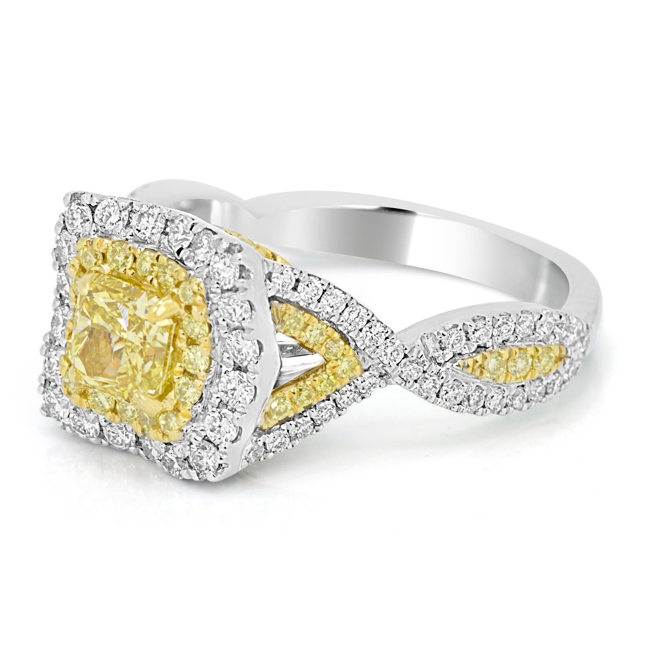 Modern GIA Certified Fancy Intense Yellow Double Halo Two-Color Gold Engagement Ring