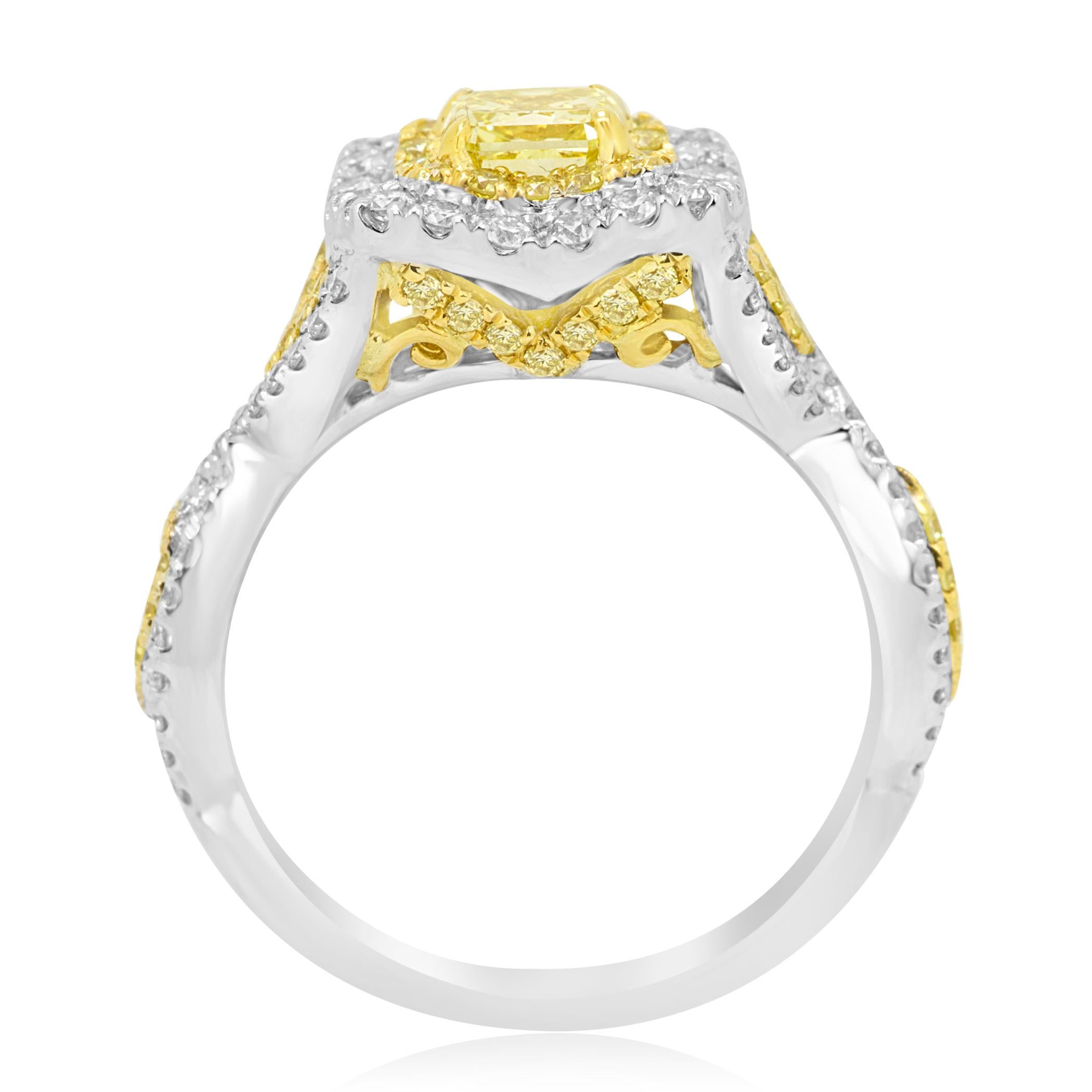 GIA Certified Fancy Intense Yellow Double Halo Two-Color Gold Engagement Ring In New Condition In NEW YORK, NY