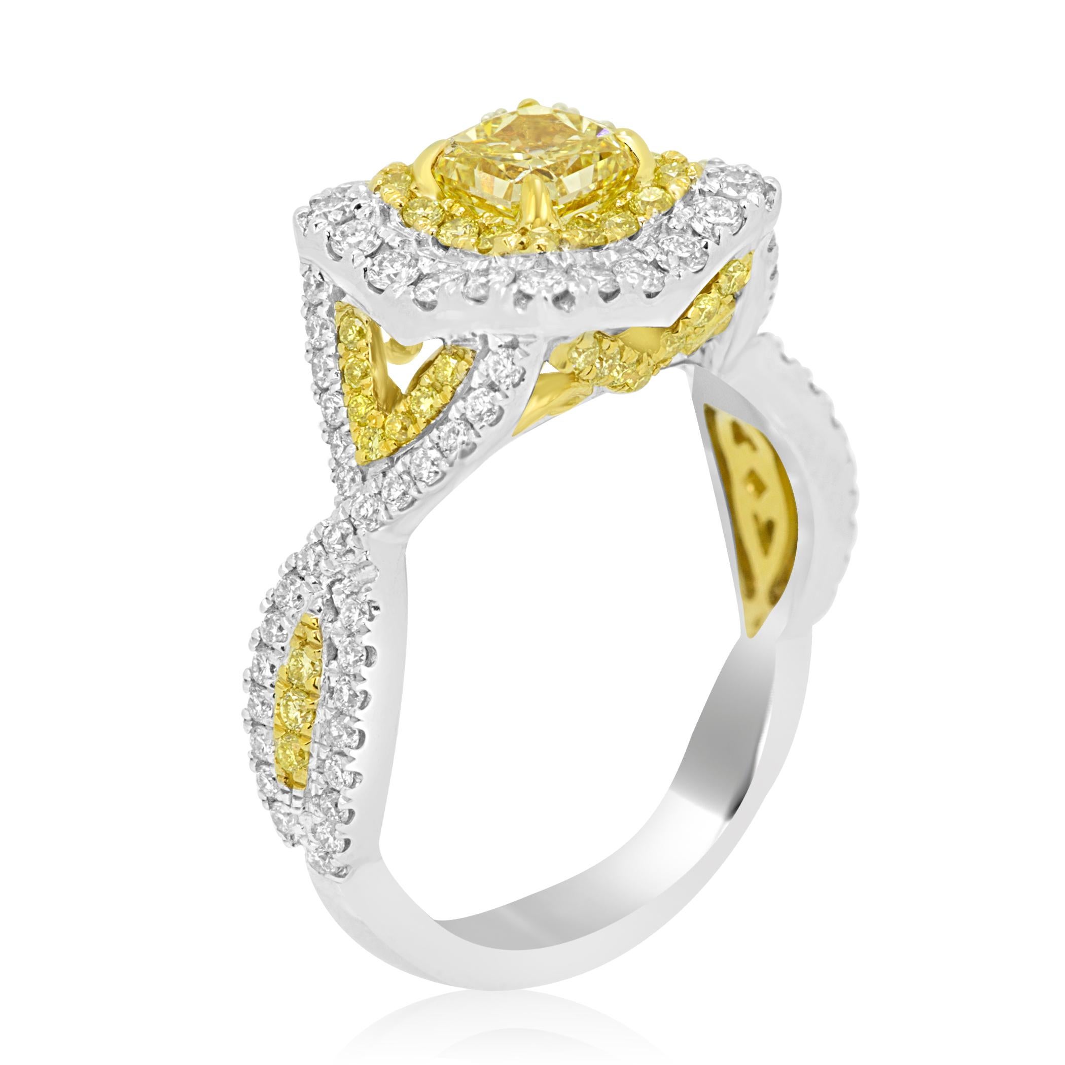 Women's or Men's GIA Certified Fancy Intense Yellow Double Halo Two-Color Gold Engagement Ring