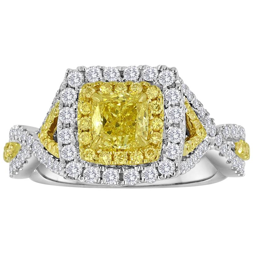 GIA Certified Fancy Intense Yellow Double Halo Two-Color Gold Engagement Ring