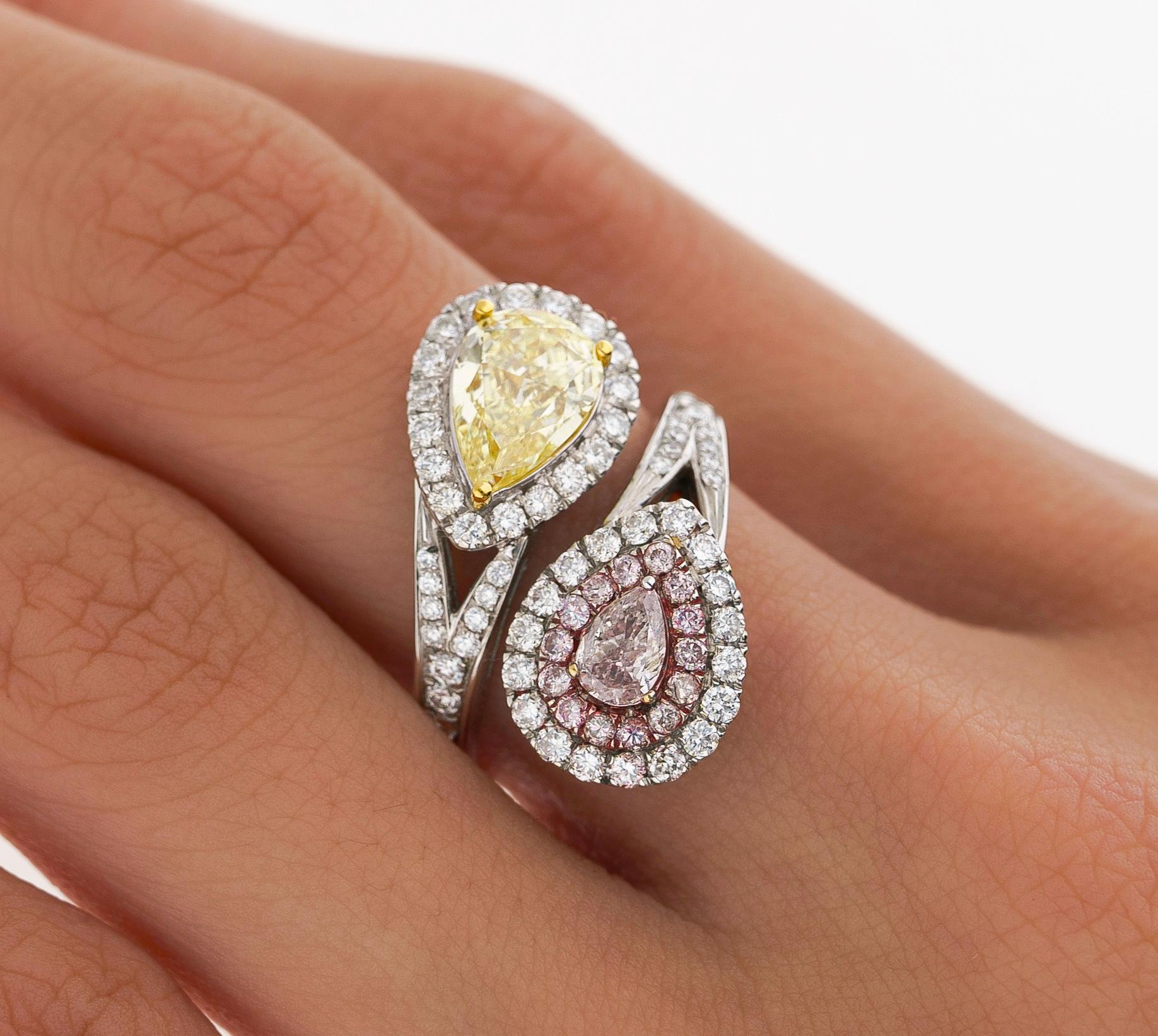 GIA Certified Fancy Intense Yellow & Fancy Light Pink Diamond Toi Et Moi Ring For Sale 2