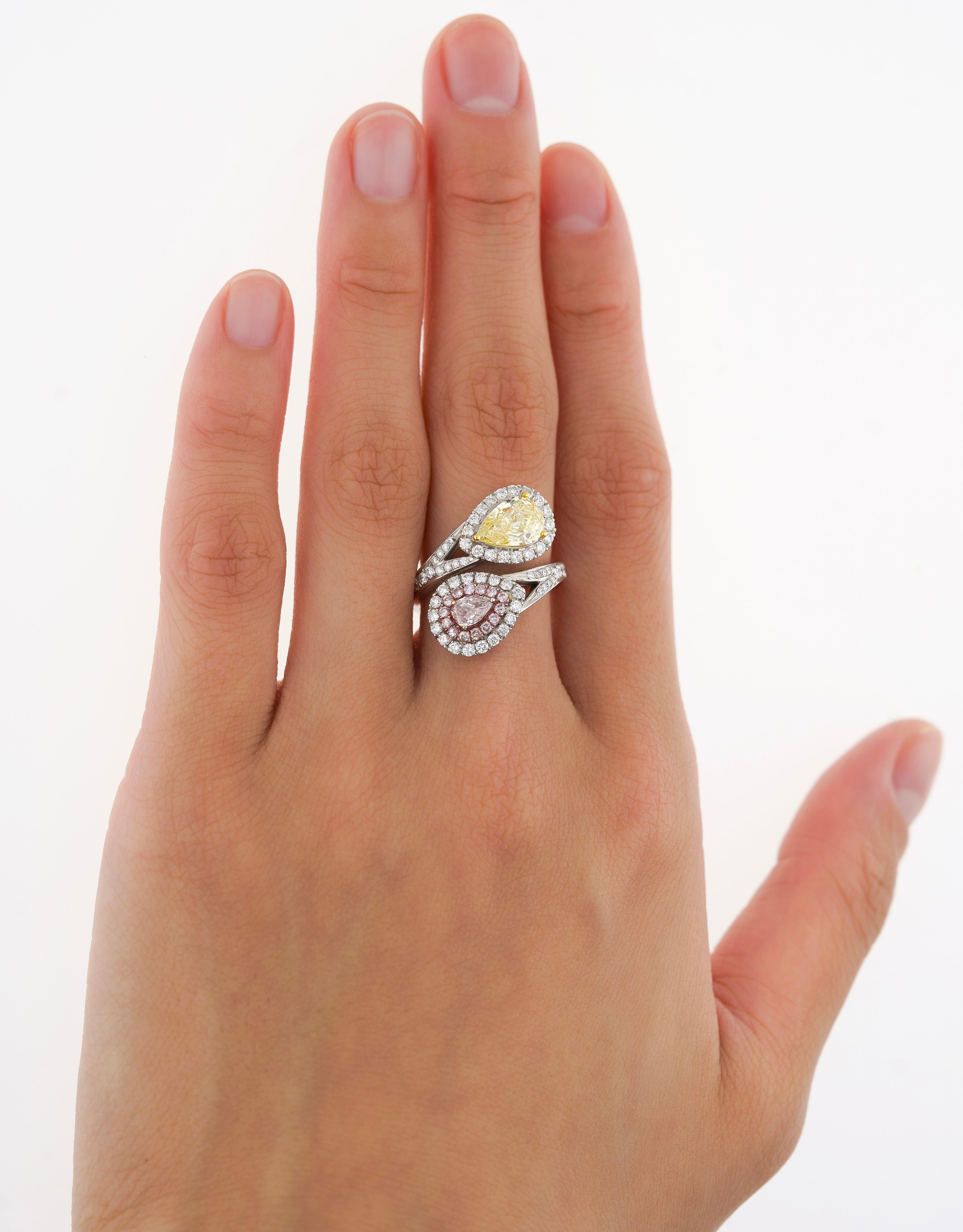 GIA Certified Fancy Intense Yellow & Fancy Light Pink Diamond Toi Et Moi Ring For Sale 3