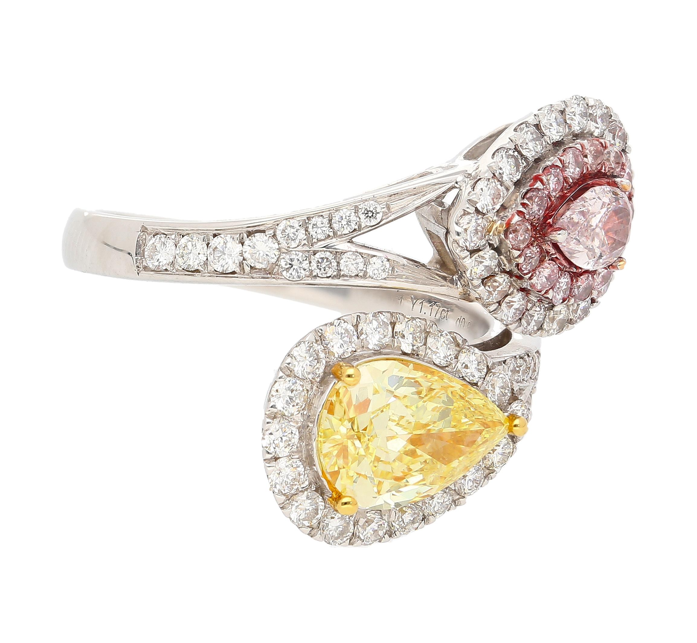 Modern GIA Certified Fancy Intense Yellow & Fancy Light Pink Diamond Toi Et Moi Ring For Sale