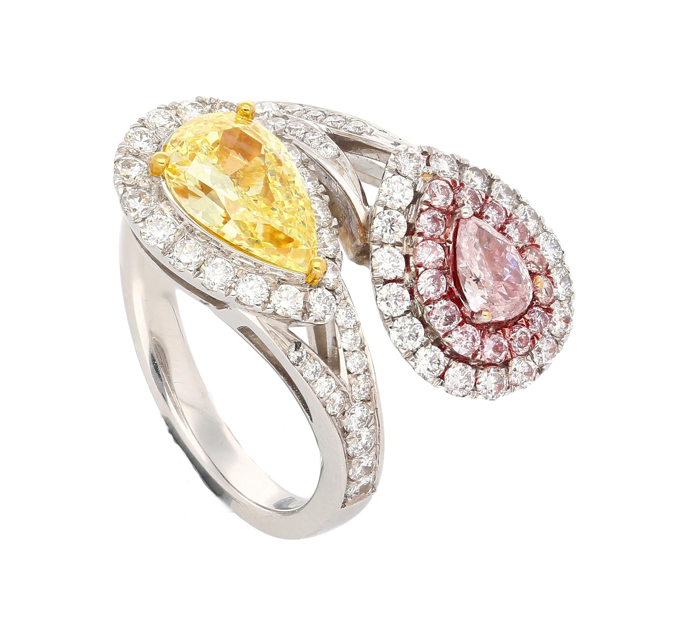 Pear Cut GIA Certified Fancy Intense Yellow & Fancy Light Pink Diamond Toi Et Moi Ring For Sale