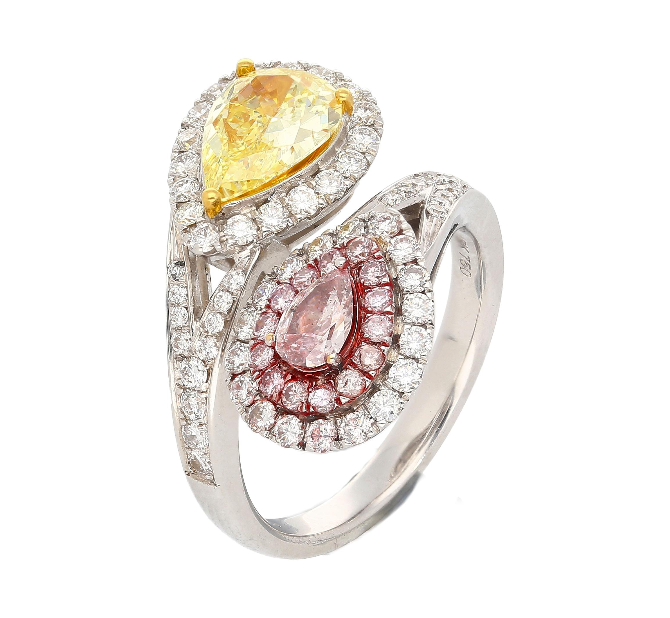 Women's GIA Certified Fancy Intense Yellow & Fancy Light Pink Diamond Toi Et Moi Ring For Sale