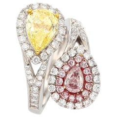 GIA-zertifizierter intensiv gelber & ausgefallener hellrosa Diamant-Toi Et Moi-Ring