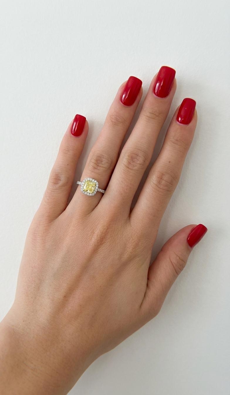 GIA Certified Fancy Intense Yellow Radiant-Cut Diamond Halo Engagemen (Zeitgenössisch) im Angebot