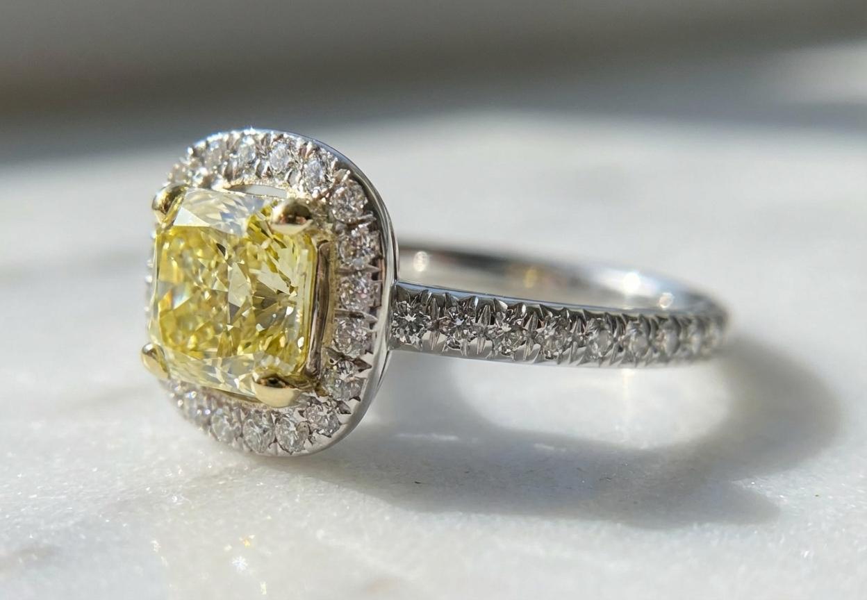 GIA Certified Fancy Intense Yellow Radiant-Cut Diamond Halo Engagemen (Radiantschliff) im Angebot