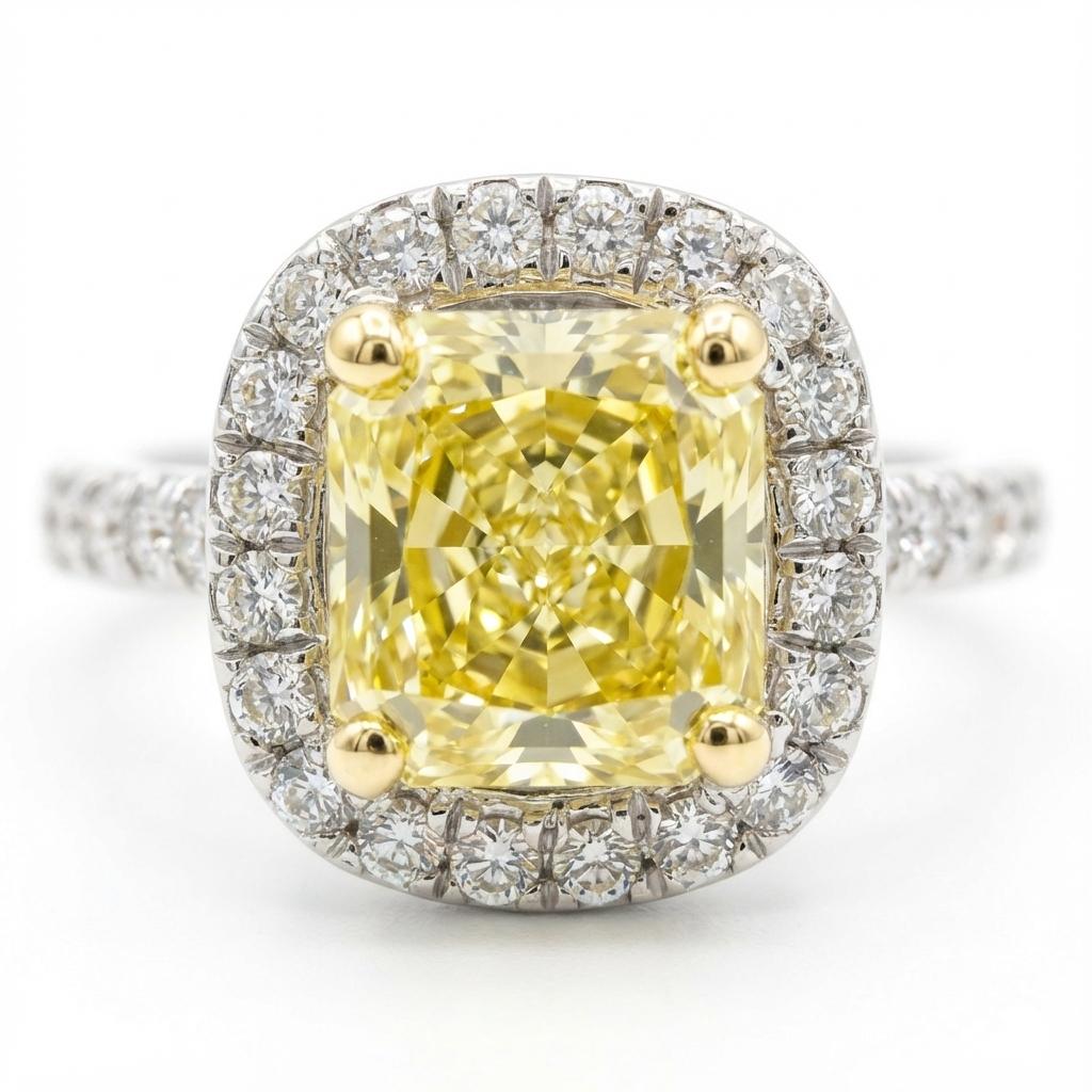 GIA Certified Fancy Intense Yellow Radiant-Cut Diamond Halo Engagemen im Zustand „Hervorragend“ im Angebot in Chicago, IL