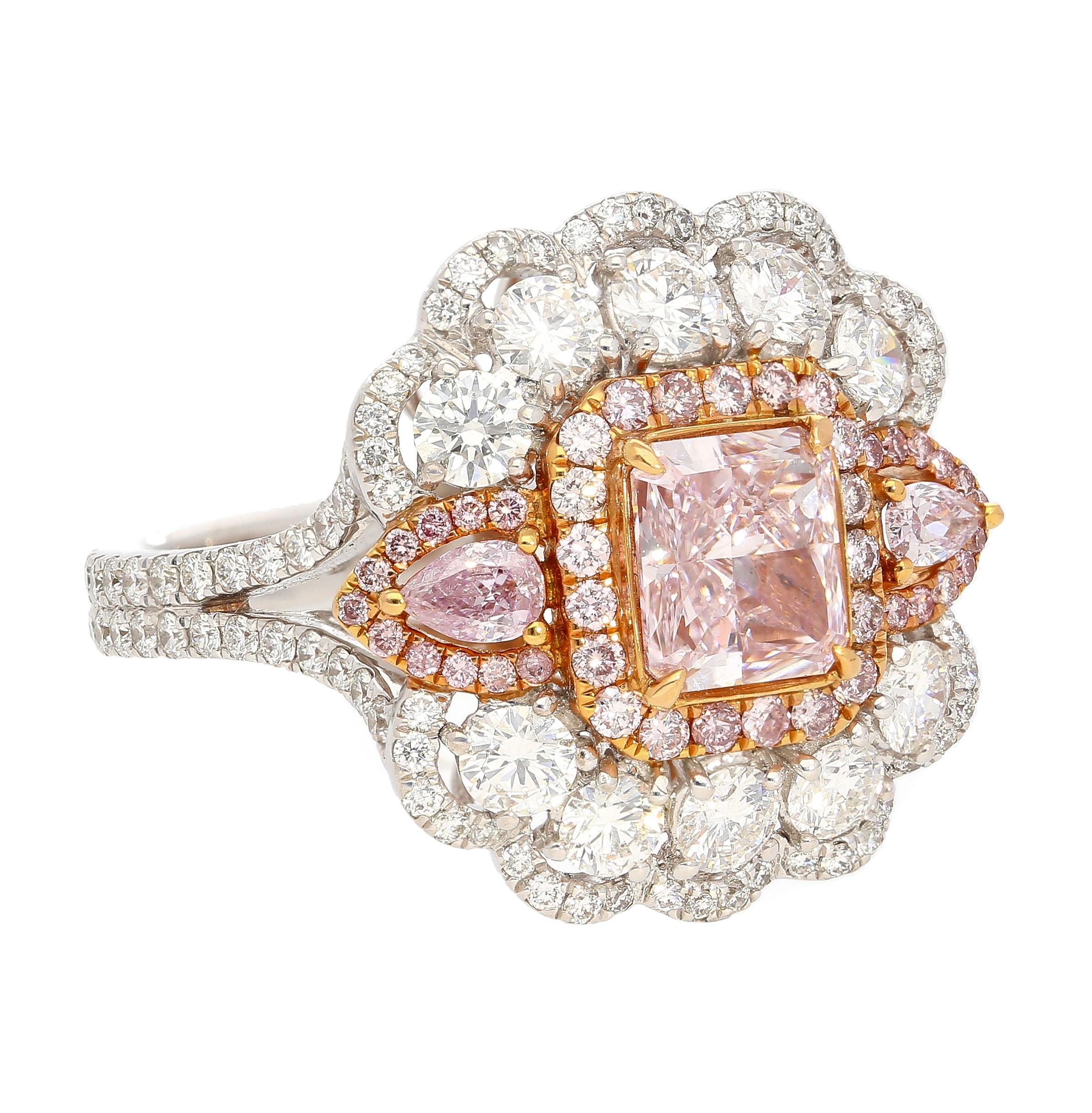 GIA Certified 1.07 Carat Fancy Light Purplish Pink Radiant Cut Diamond Ring in 18k white and rose gold. Showcasing a combination of 18k solid white gold on the shank and rose gold thoughtfully placed wherever the pink diamonds are set for the
