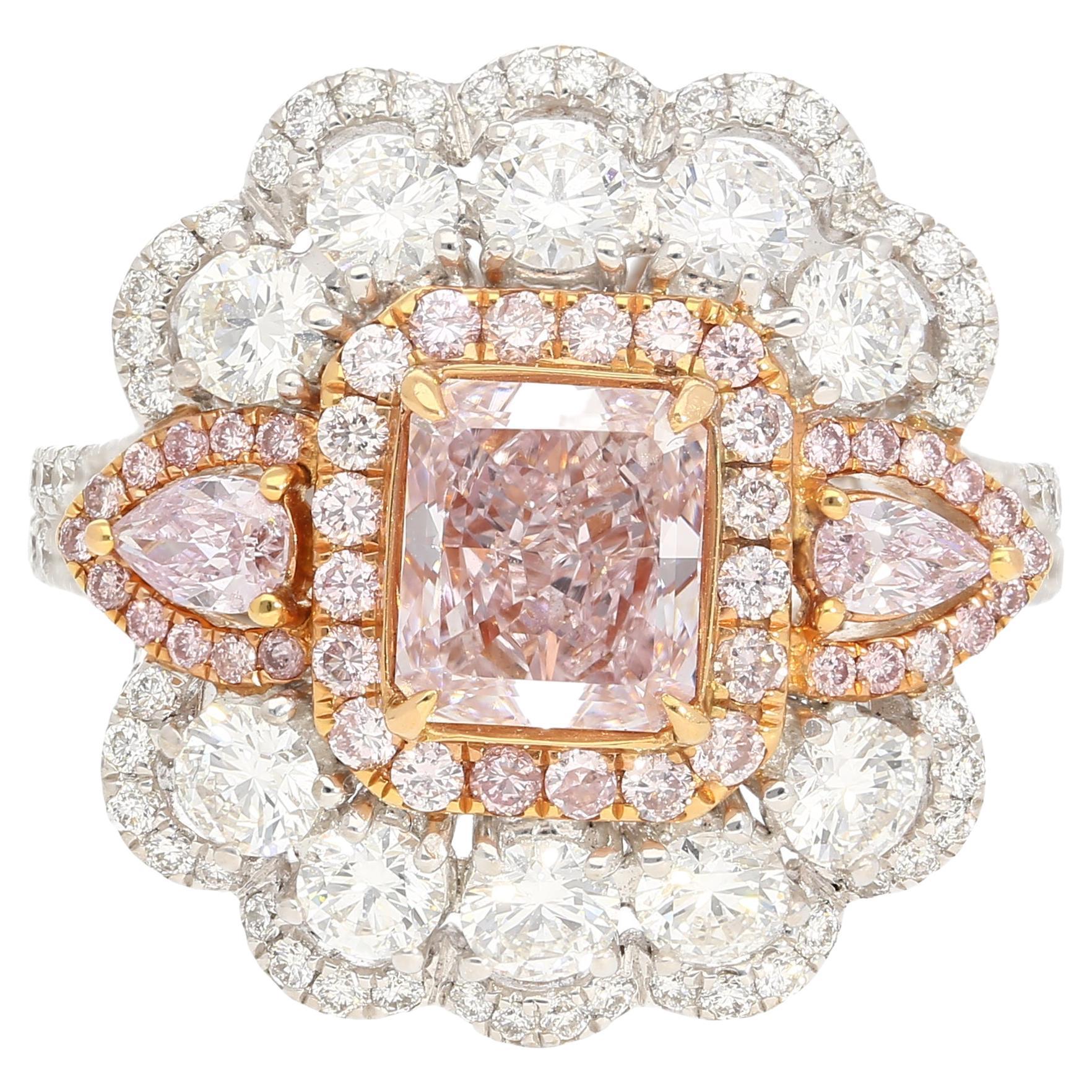 GIA Certified Fancy Light Purplish Pink Radiant Cut Diamond Ring in 18k Gold For Sale