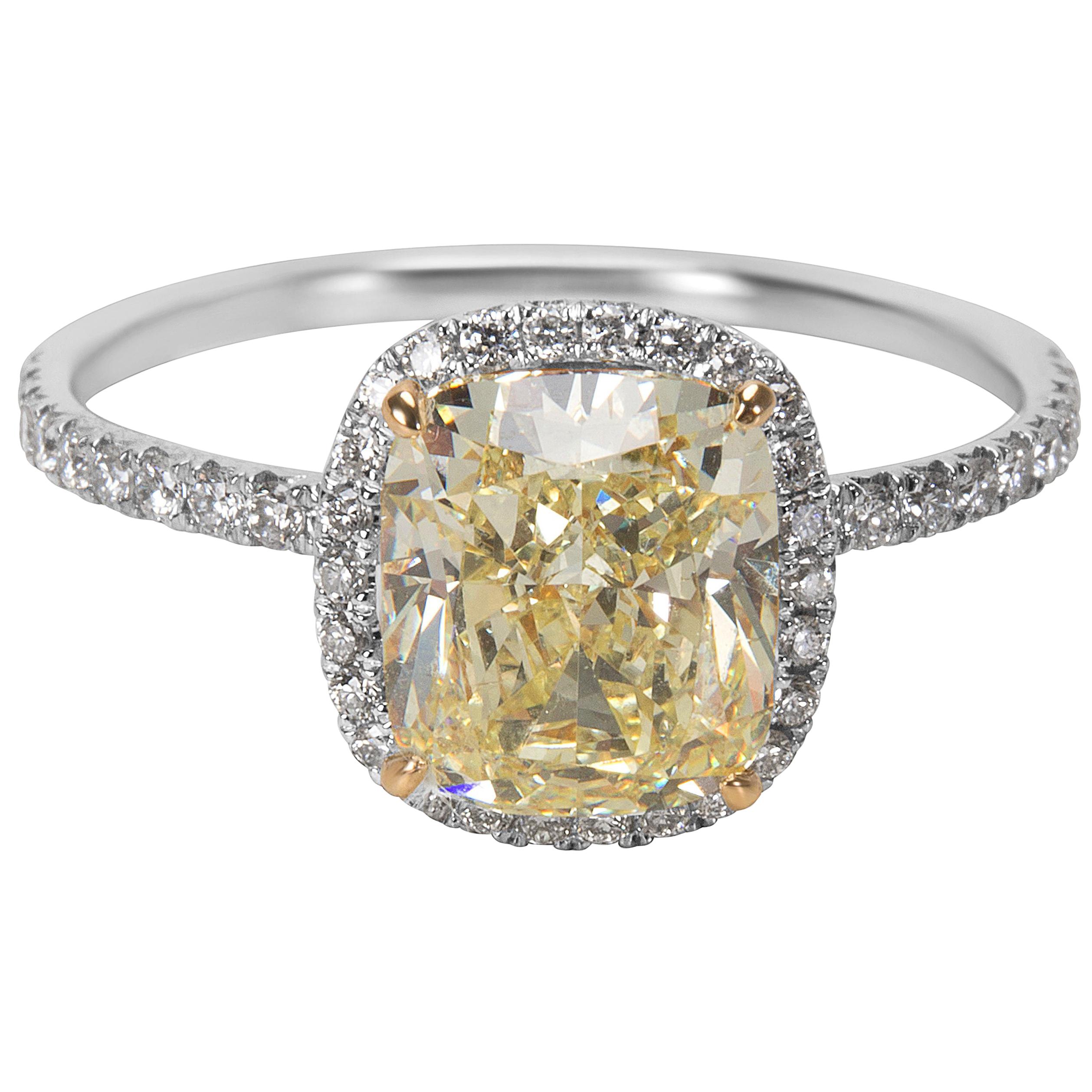 GIA Certified Fancy Light Yellow Cushion Cut Diamond Engagement Ring 2.48 Carat