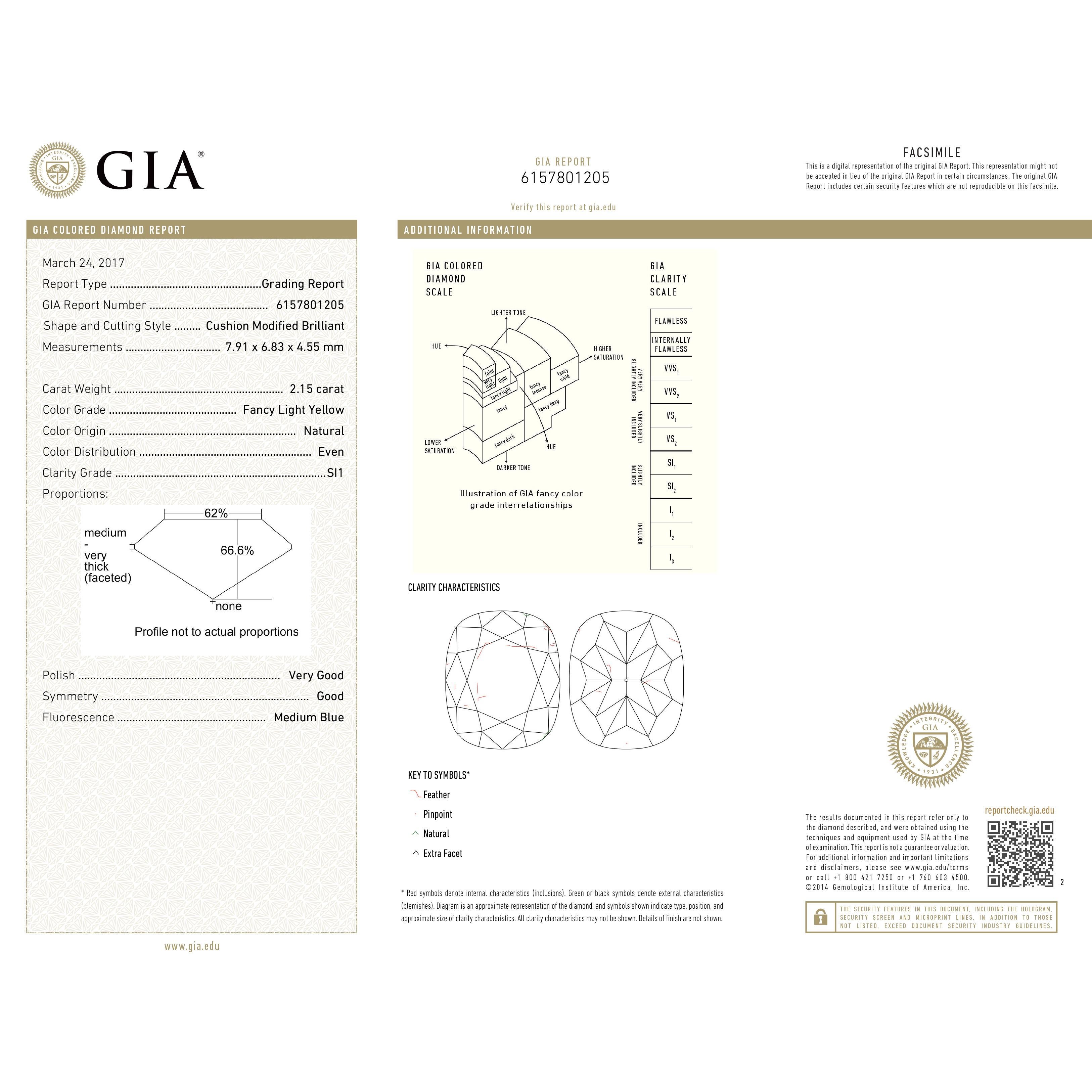 GIA Certified Fancy Light Yellow Cushion Cut Diamond Engagement Ring 2.48 Carat 1