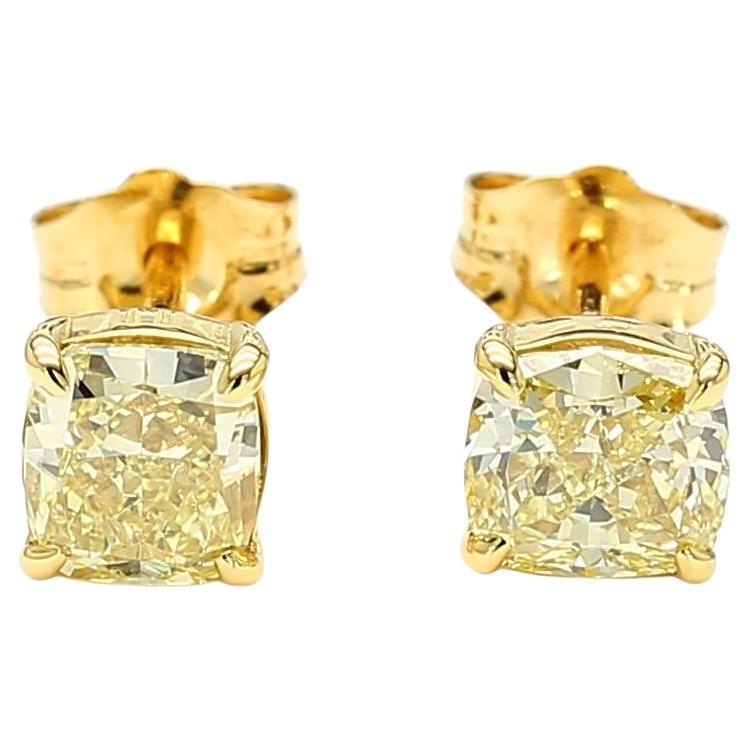 GIA Certified Fancy Light Yellow Cushion Diamond 1.42 CT TW Gold Stud Earrings