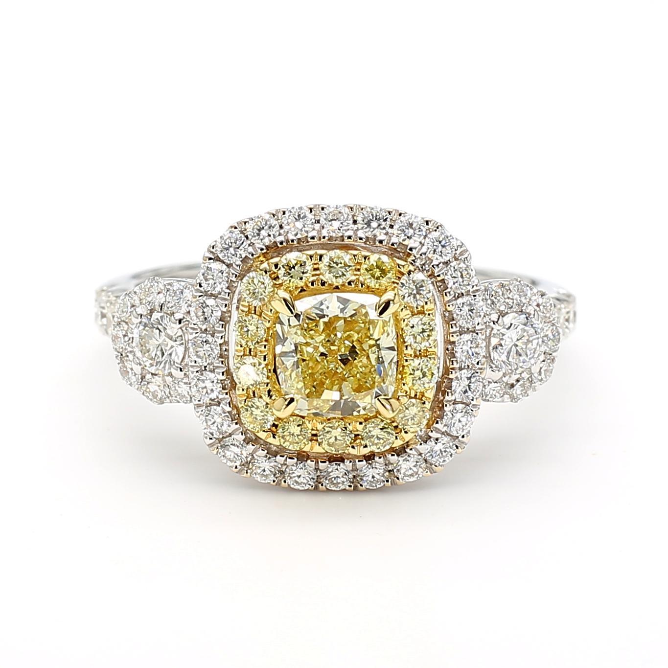 Contemporary GIA Certified Fancy Light Yellow Cushion Diamond 1.48 Carat TW Gold Ring For Sale