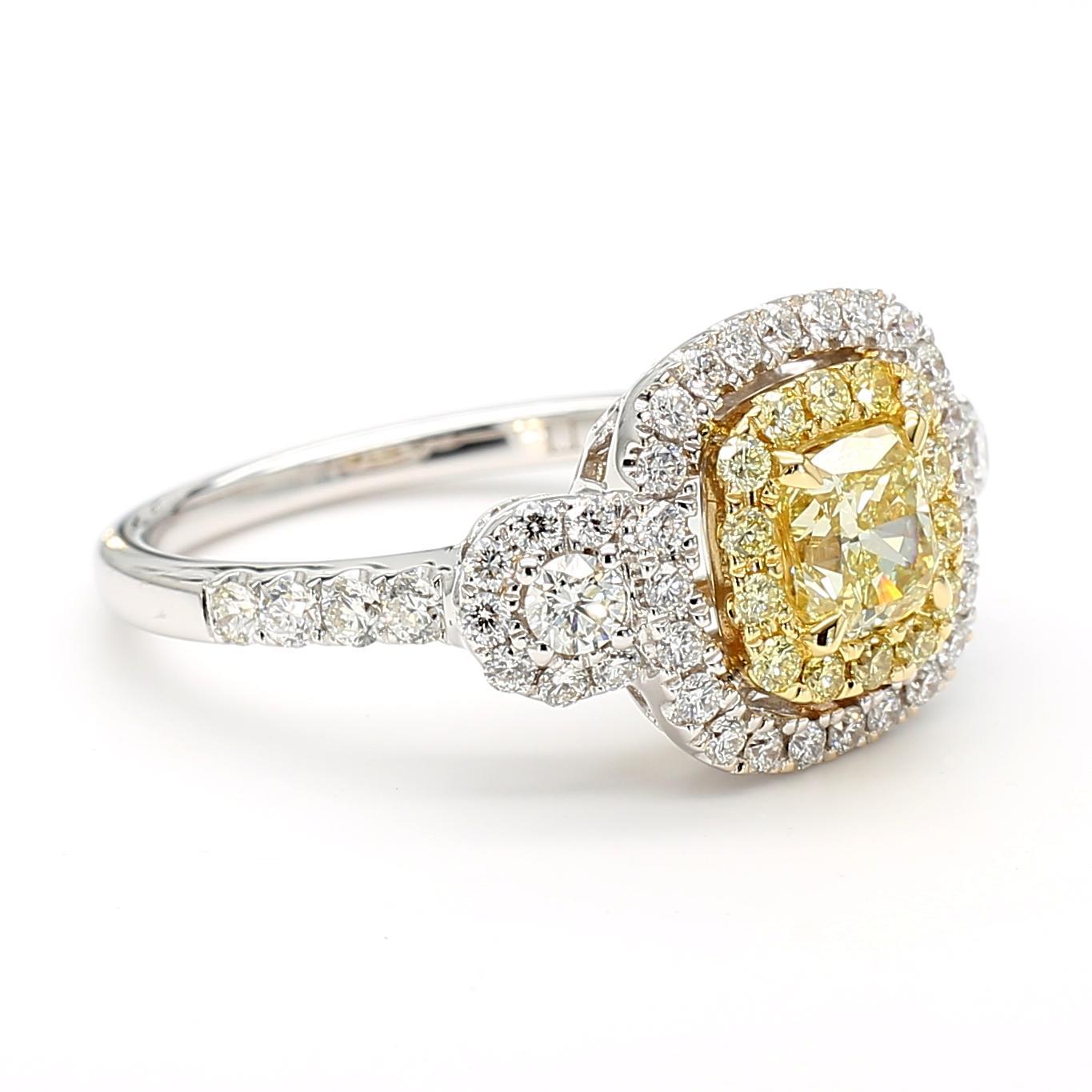 Cushion Cut GIA Certified Fancy Light Yellow Cushion Diamond 1.48 Carat TW Gold Ring For Sale