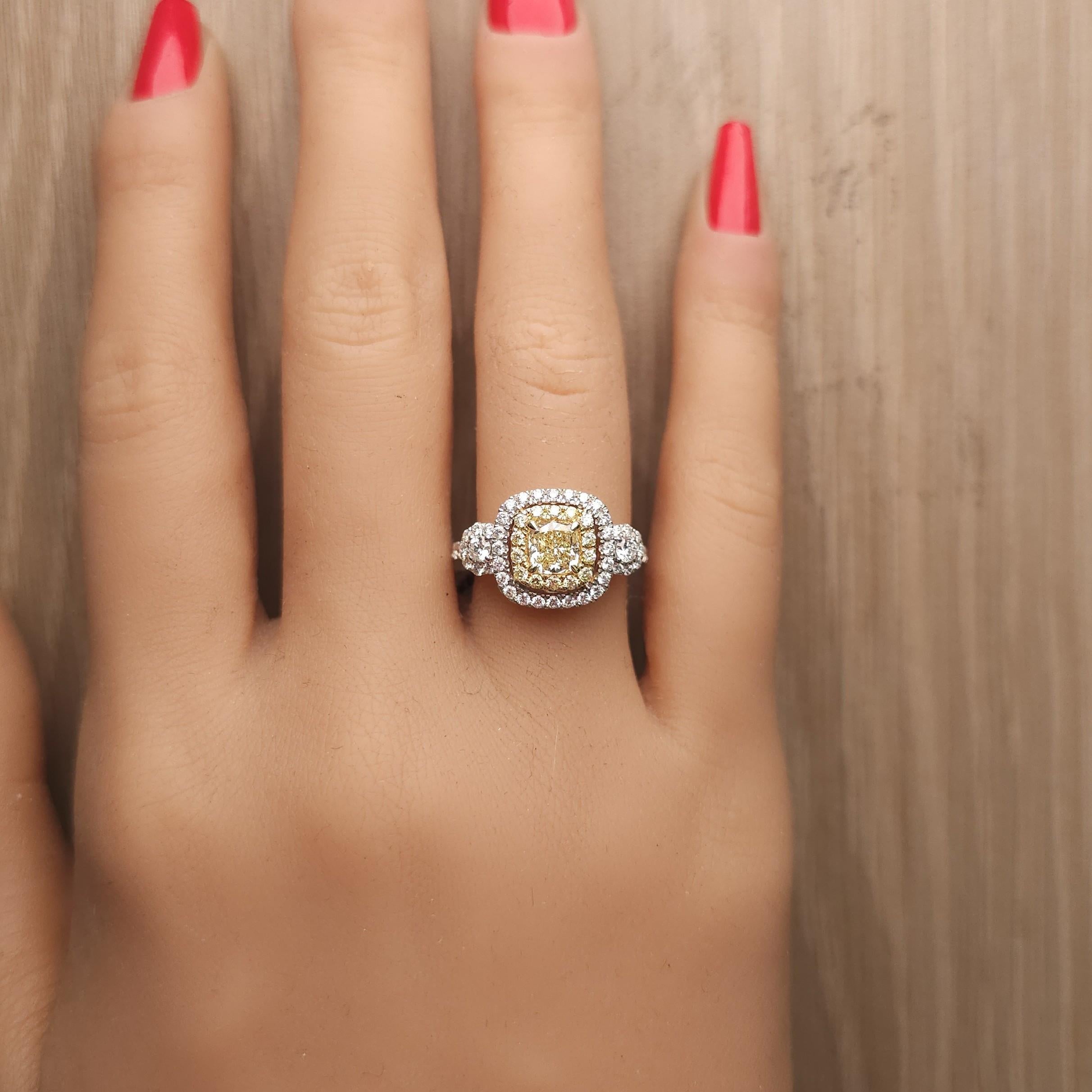 GIA Certified Fancy Light Yellow Cushion Diamond 1.48 Carat TW Gold Ring In New Condition For Sale In New York, NY
