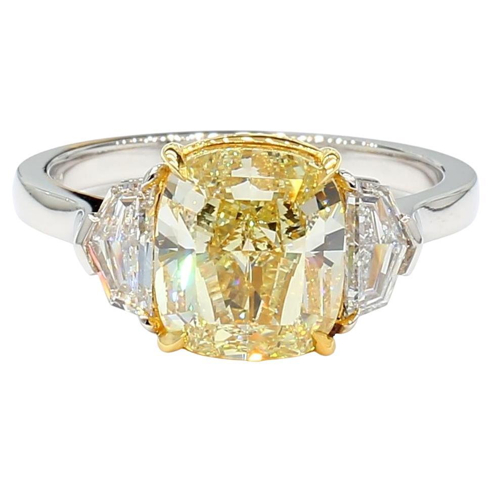 GIA Certified Fancy Light Yellow Cushion Diamond 3.66 Carat TW Platinum Ring