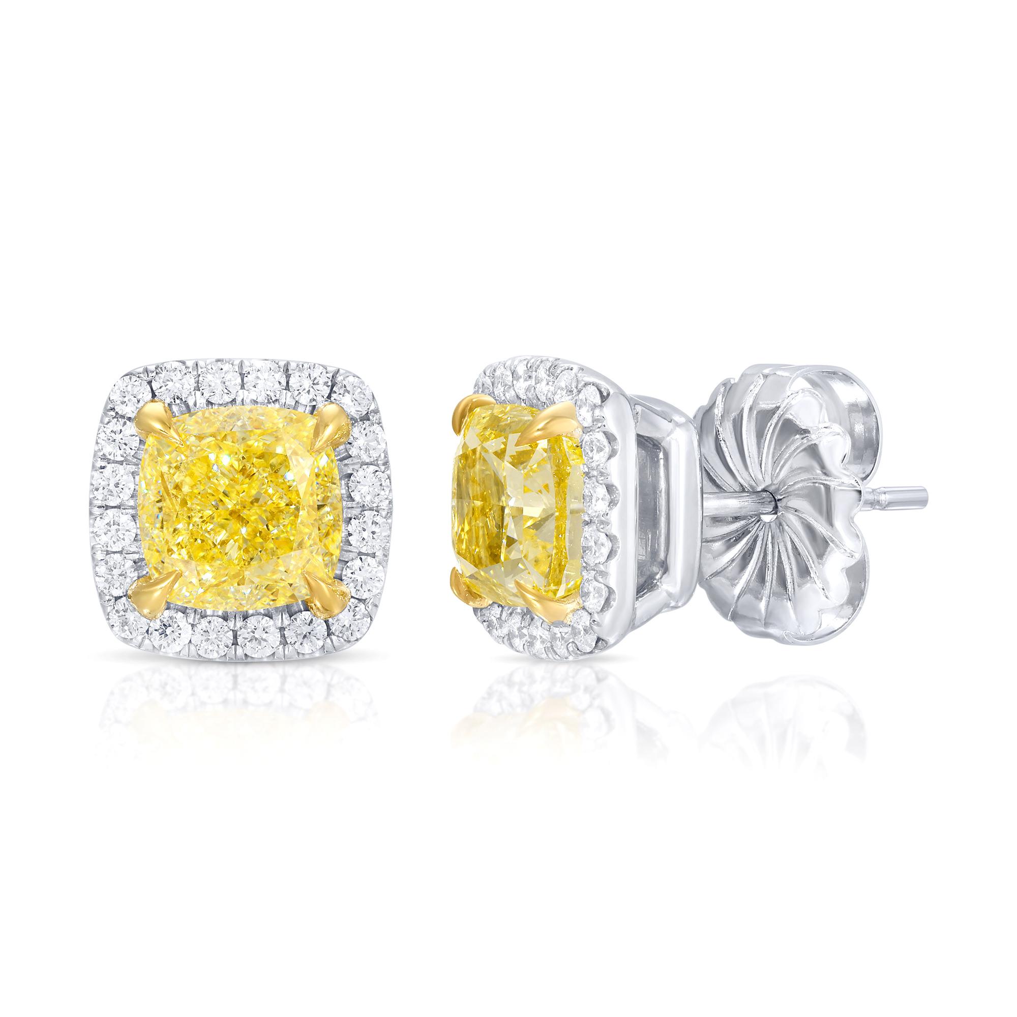 Cushion Cut GIA Certified Fancy Light Yellow Diamond Stud Earrings 4.8 Carats 18K Gold For Sale
