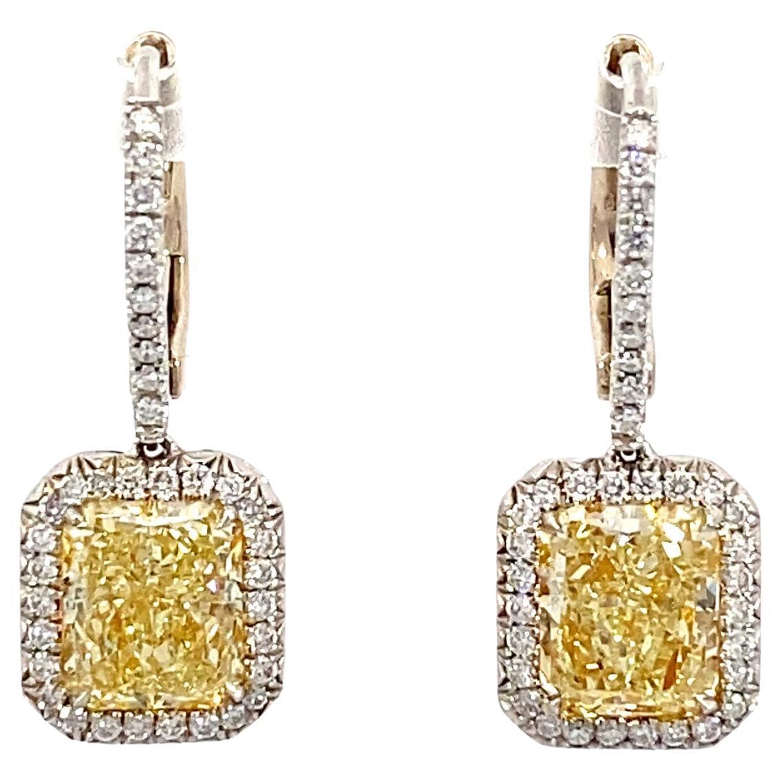 GIA Certified Fancy Light Yellow Radiant Diamond Halo Drop Earrings 4.10 CTTW PT For Sale