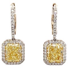 GIA-zertifizierte hellgelbe strahlende Diamant-Halo-Tropfen-Ohrringe mit 4,10 CTTW PT