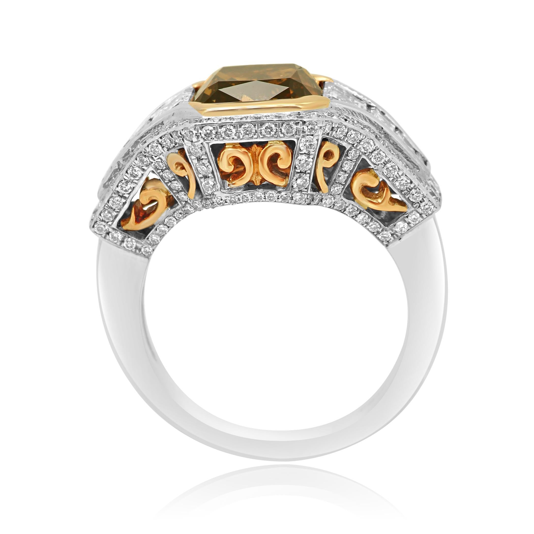 GIA Certified Fancy Orangish Brown Diamond Halo Two Color Gold Cocktail Ring 4