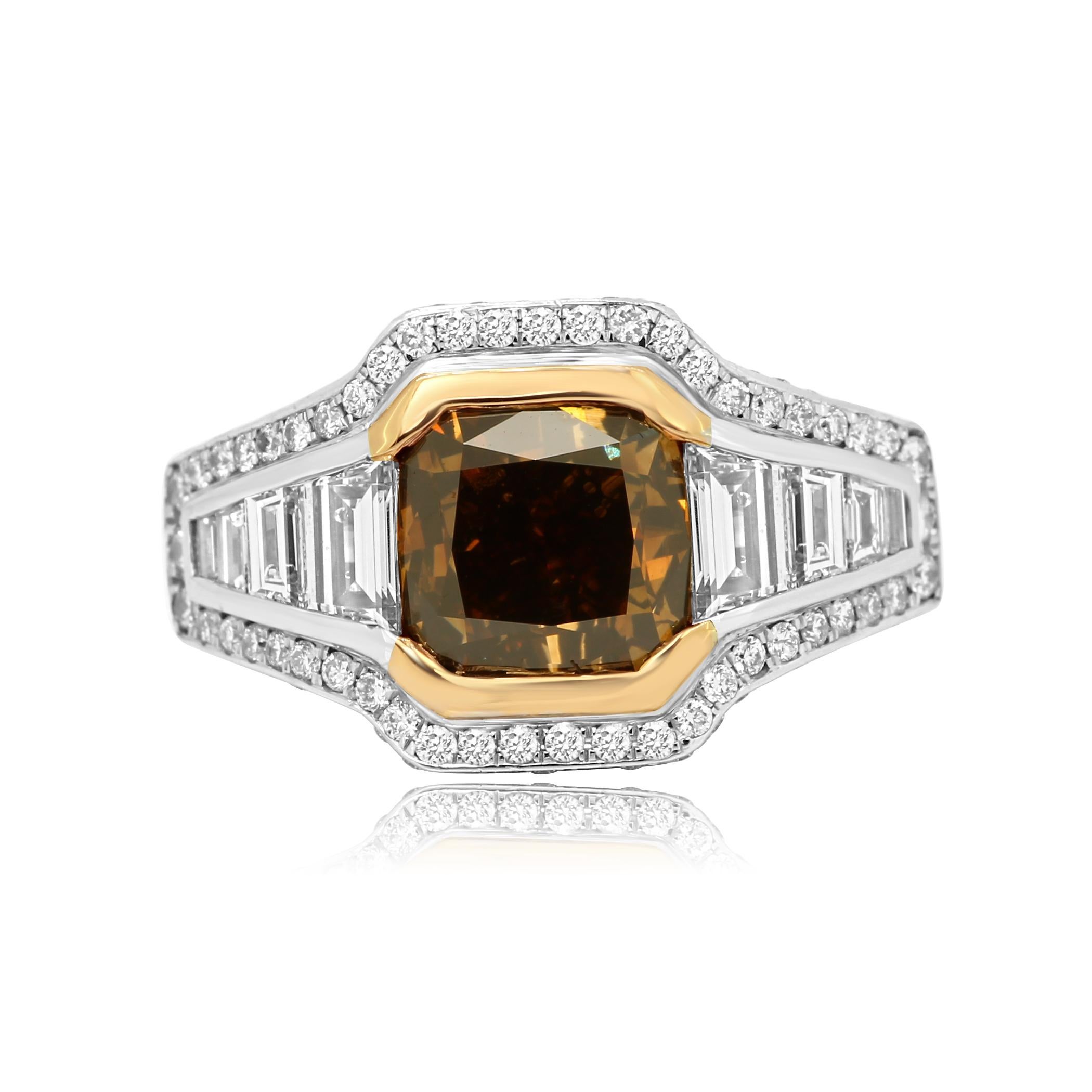 GIA Certified Fancy Orangish Brown Diamond Halo Two Color Gold Cocktail Ring 6