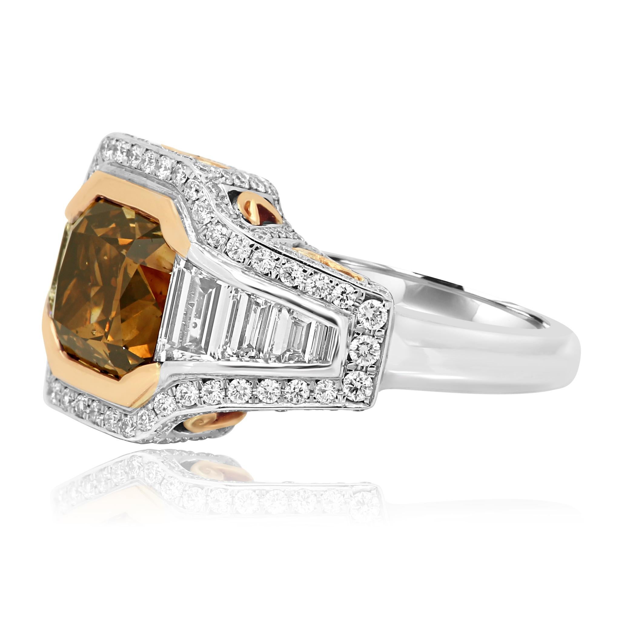 GIA Certified Fancy Orangish Brown Diamond Halo Two Color Gold Cocktail Ring 7